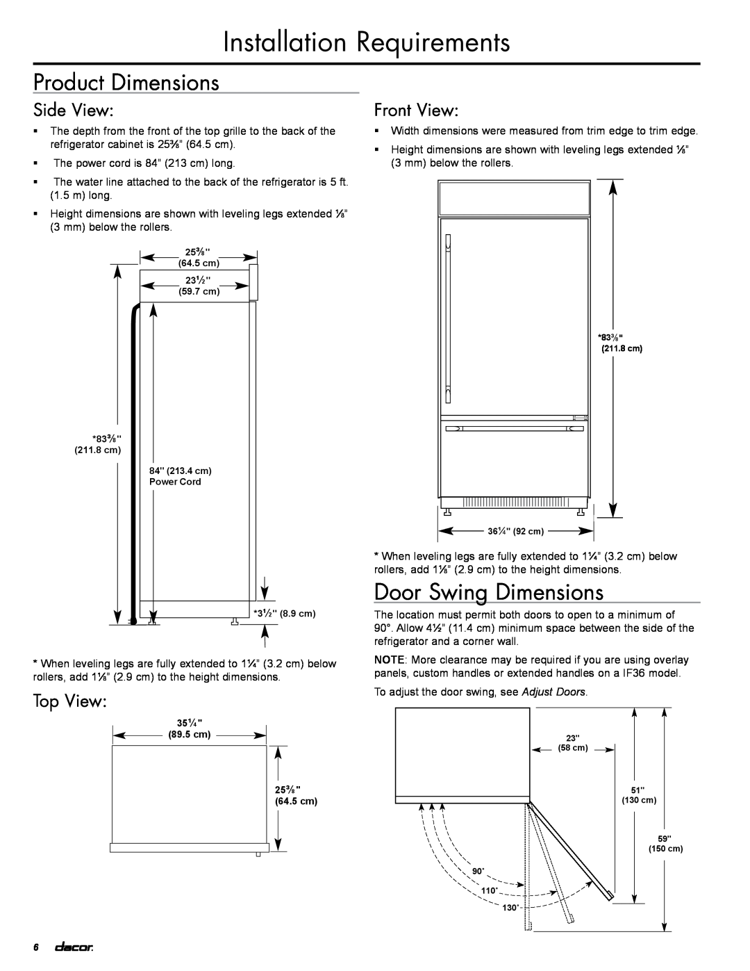 Dacor IF36LNBOL Product Dimensions, Door Swing Dimensions, Side View, Top View, Front View, Installation Requirements 