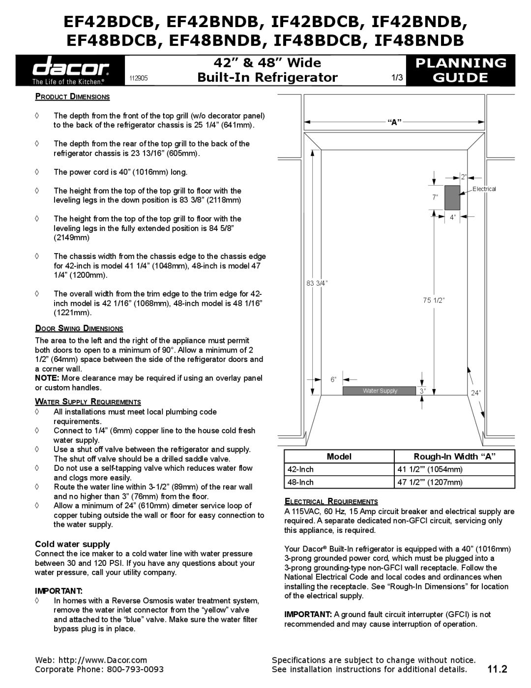 Dacor IF48BDCB, IF42BNDB, EF48BDCB, EF48BNDB, IF48BNDB dimensions Planning, Guide, Model Rough-In Width a, Cold water supply 