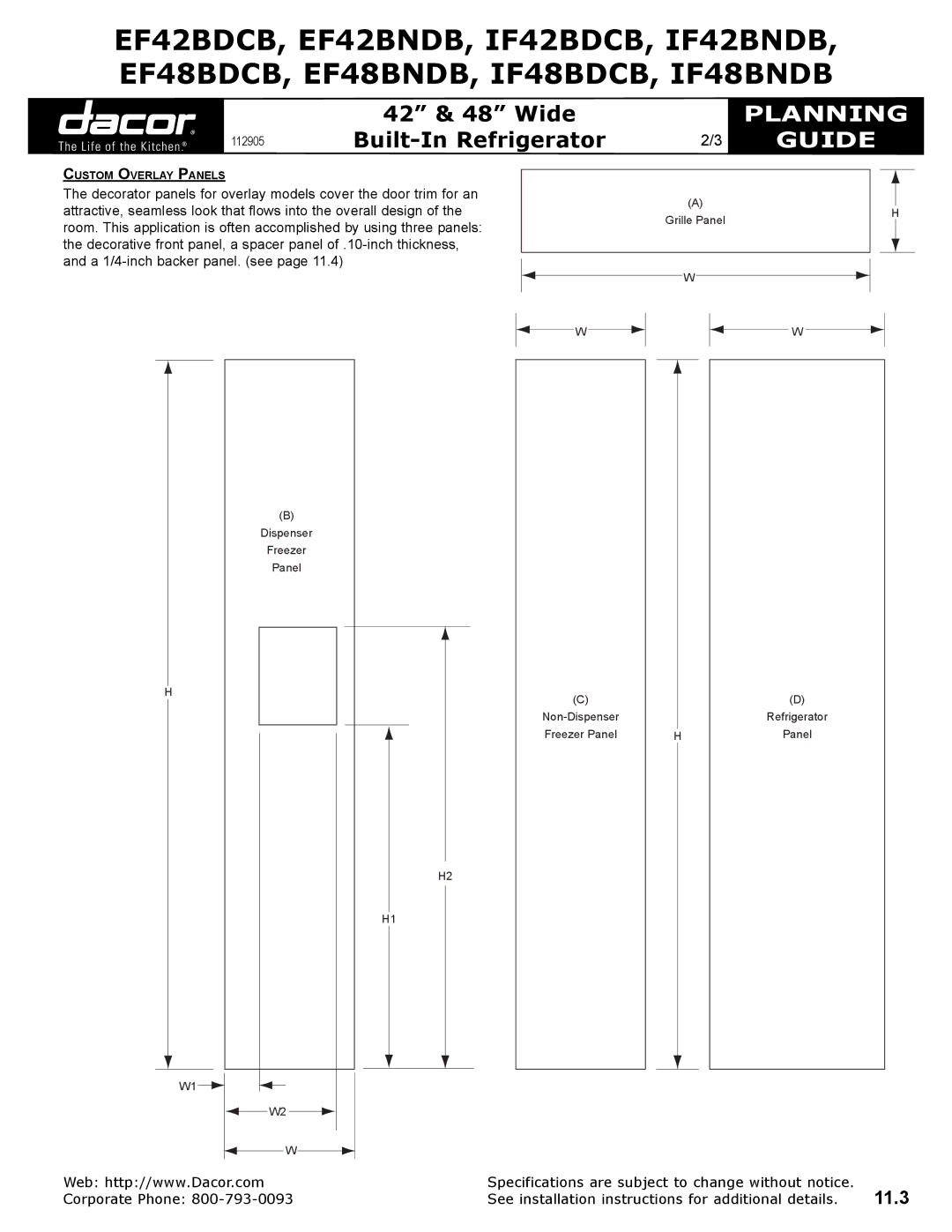 Dacor EF48BDCB, IF42BNDB, IF48BDCB, EF48BNDB, IF48BNDB, IF42BDCB, EF42BDCB, EF42BNDB dimensions 11.3 