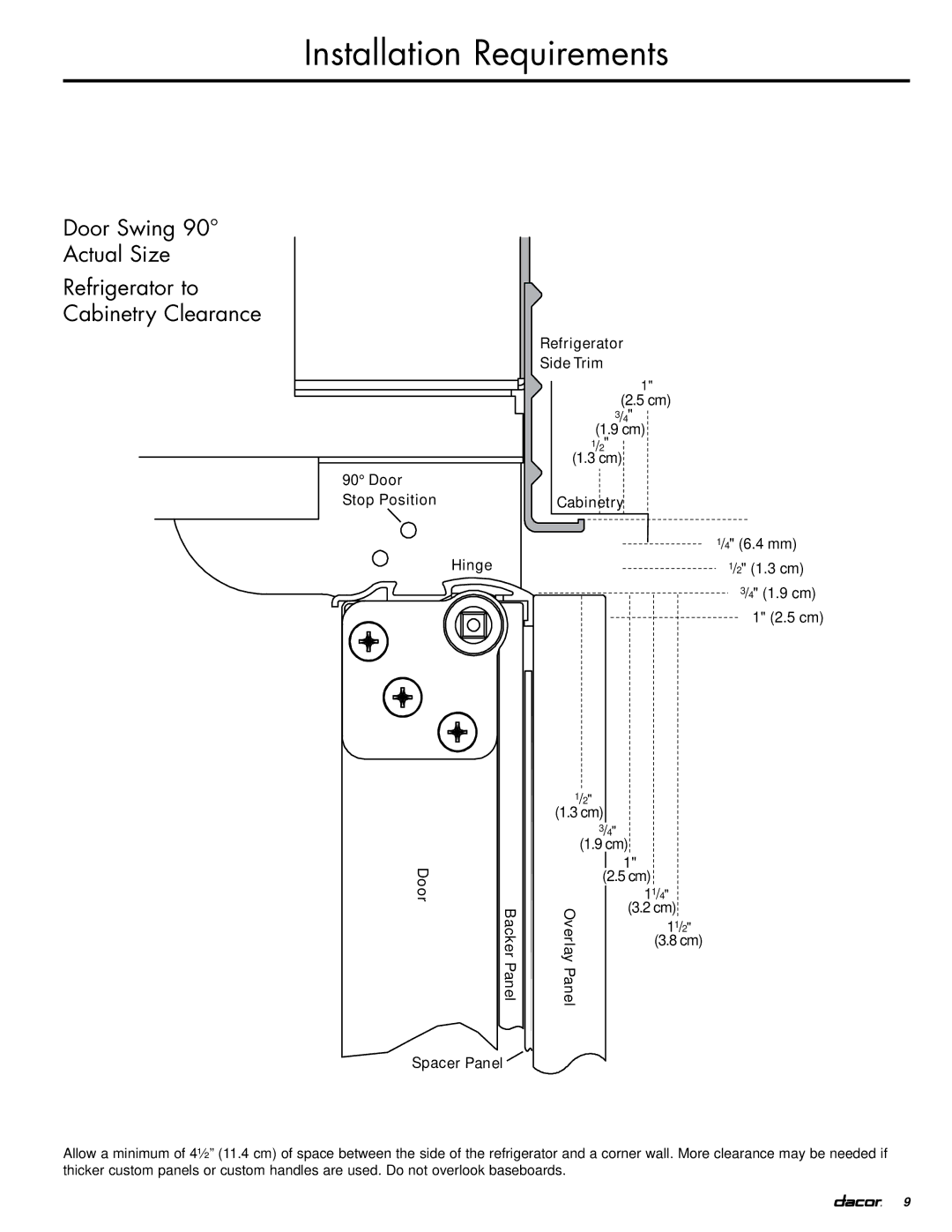 Dacor EF42DBSS, IF42DBOL manual Door Swing 90˚, Actual Size, Refrigerator to, Cabinetry Clearance 