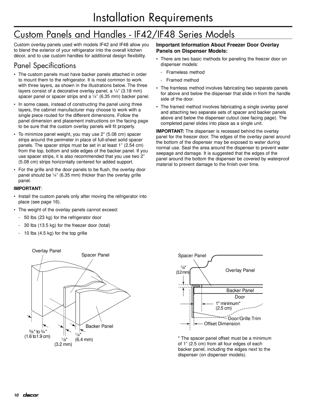 Dacor IF42DBOL, EF42DBSS manual Custom Panels and Handles IF42/IF48 Series Models, Panel Specifications 