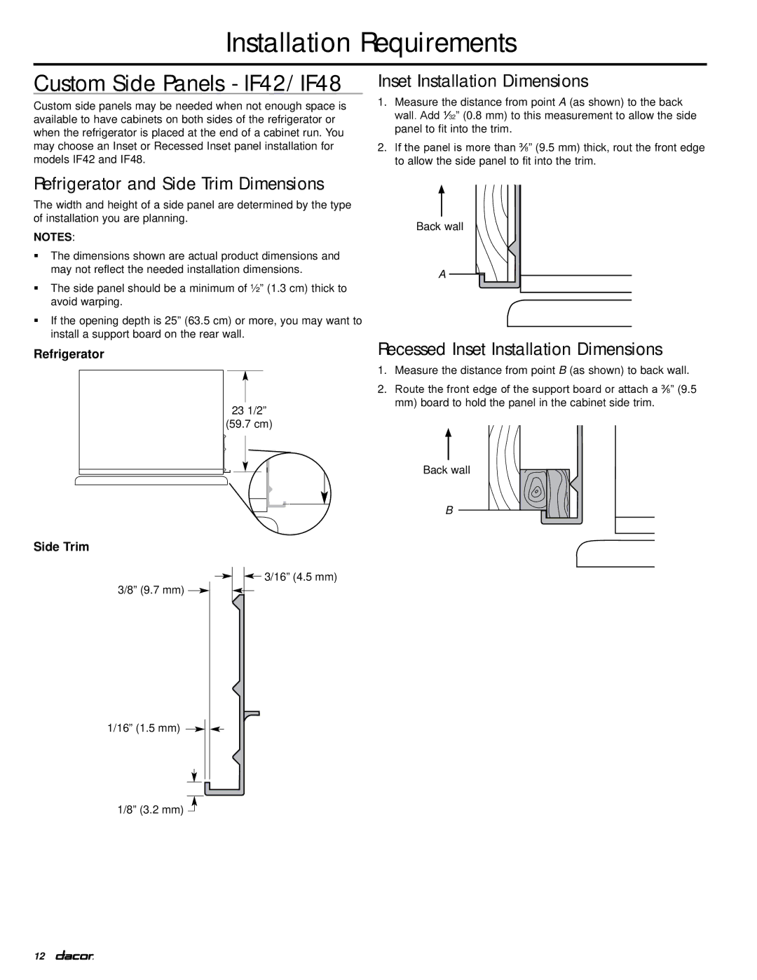 Dacor IF42DBOL manual Custom Side Panels IF42/IF48, Refrigerator and Side Trim Dimensions, Inset Installation Dimensions 