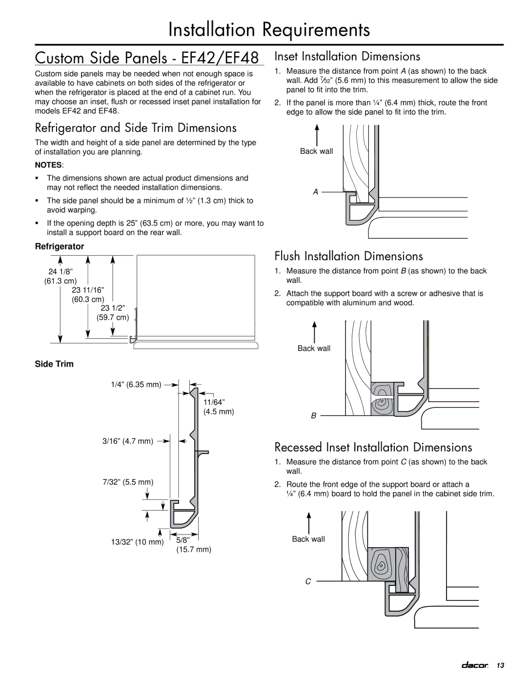 Dacor EF42DBSS, IF42DBOL manual Custom Side Panels EF42/EF48, Flush Installation Dimensions 