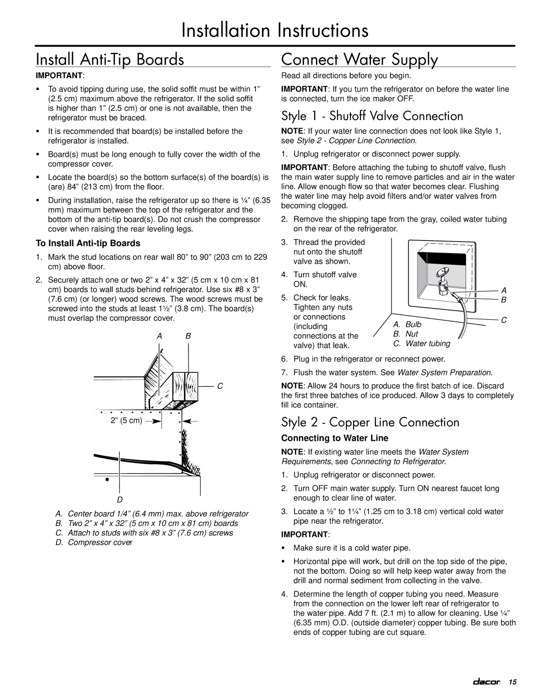 Dacor EF42DBSS, IF42DBOL manual Install Anti-Tip Boards, Connect Water Supply, Style 1 Shutoff Valve Connection 