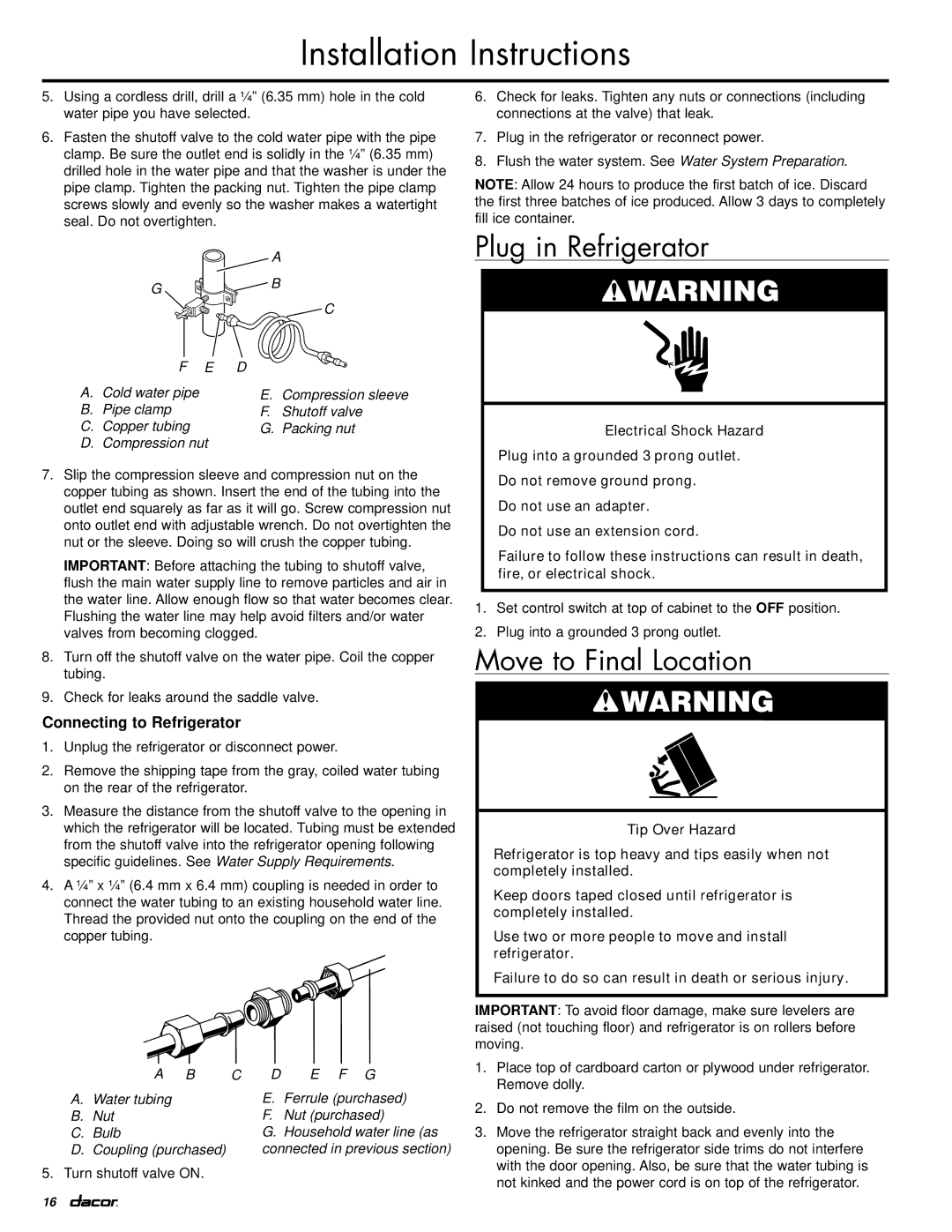 Dacor IF42DBOL, EF42DBSS manual Plug in Refrigerator, Move to Final Location, Connecting to Refrigerator 