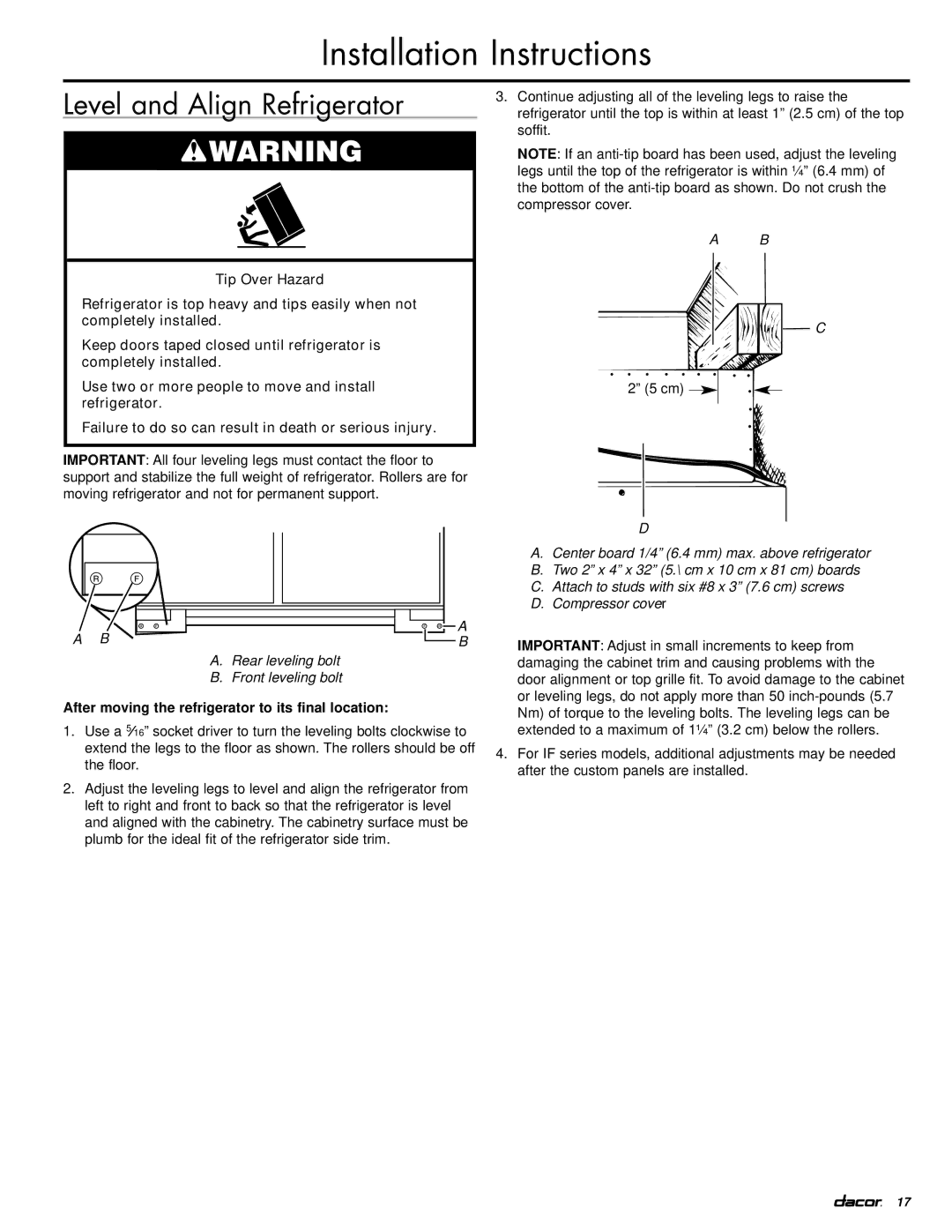 Dacor EF42DBSS, IF42DBOL manual Level and Align Refrigerator, Rear leveling bolt Front leveling bolt 