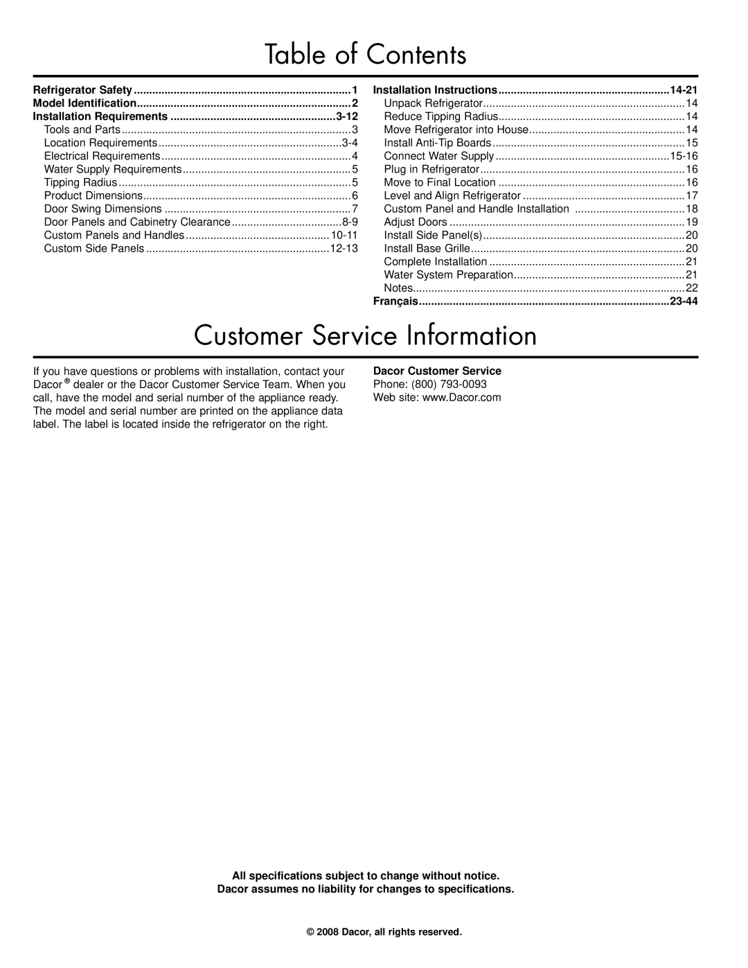 Dacor IF42DBOL, EF42DBSS manual Table of Contents, Customer Service Information 