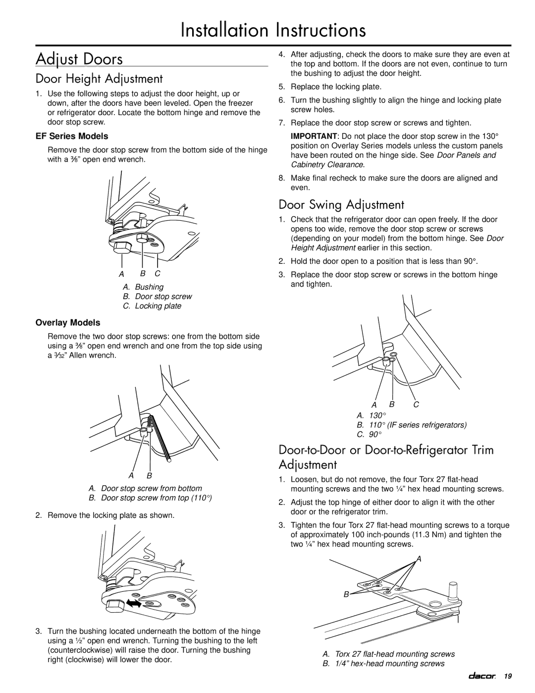 Dacor EF42DBSS, IF42DBOL manual Adjust Doors, Door Height Adjustment, Door Swing Adjustment 