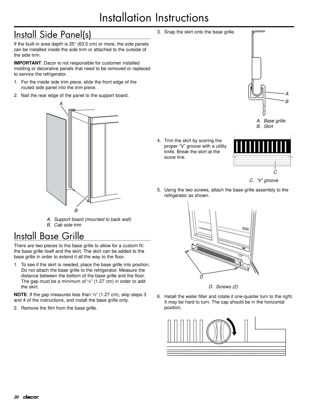 Dacor IF42DBOL, EF42DBSS manual Install Side Panels, Install Base Grille 