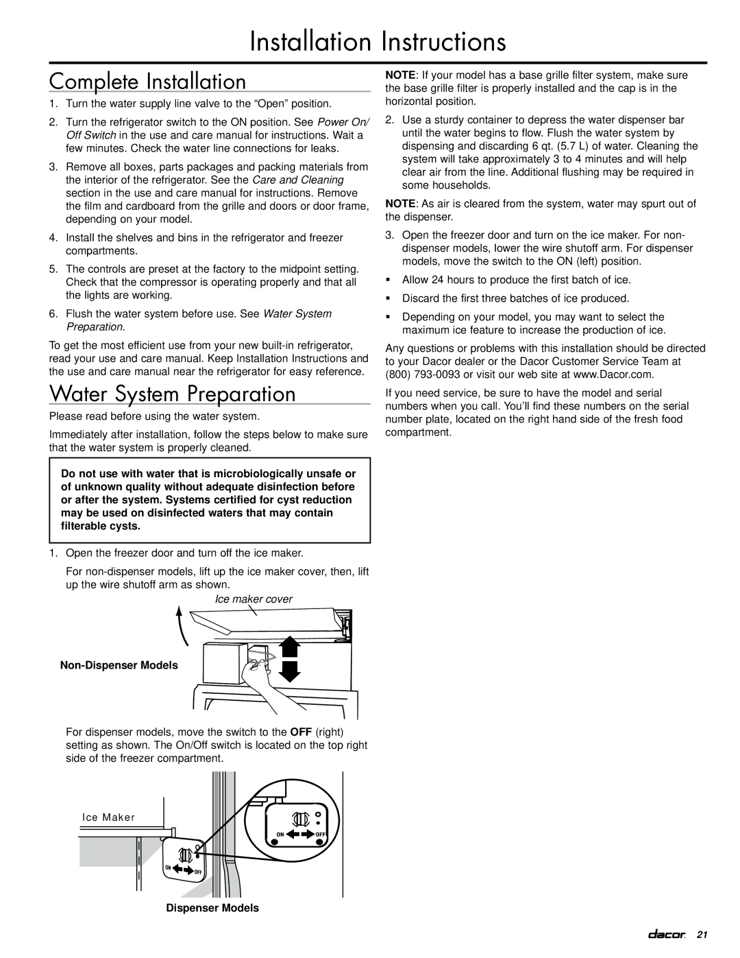 Dacor EF42DBSS, IF42DBOL manual Complete Installation, Water System Preparation, Ice maker cover, Non-Dispenser Models 