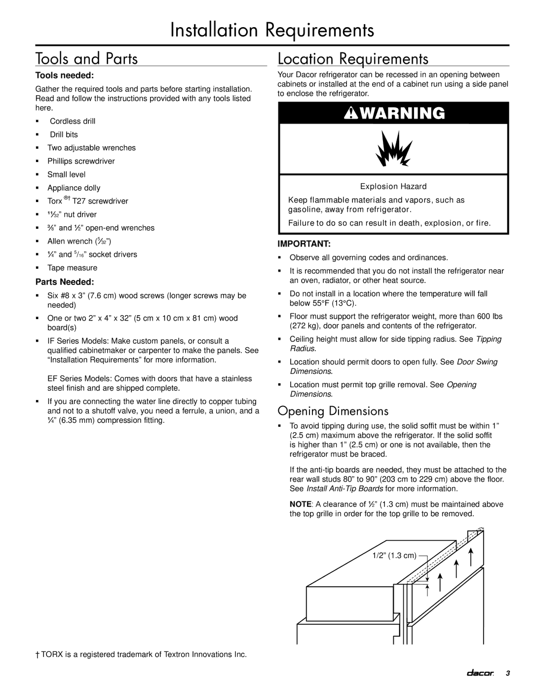 Dacor EF42DBSS, IF42DBOL manual Installation Requirements, Tools and Parts, Location Requirements, Opening Dimensions 