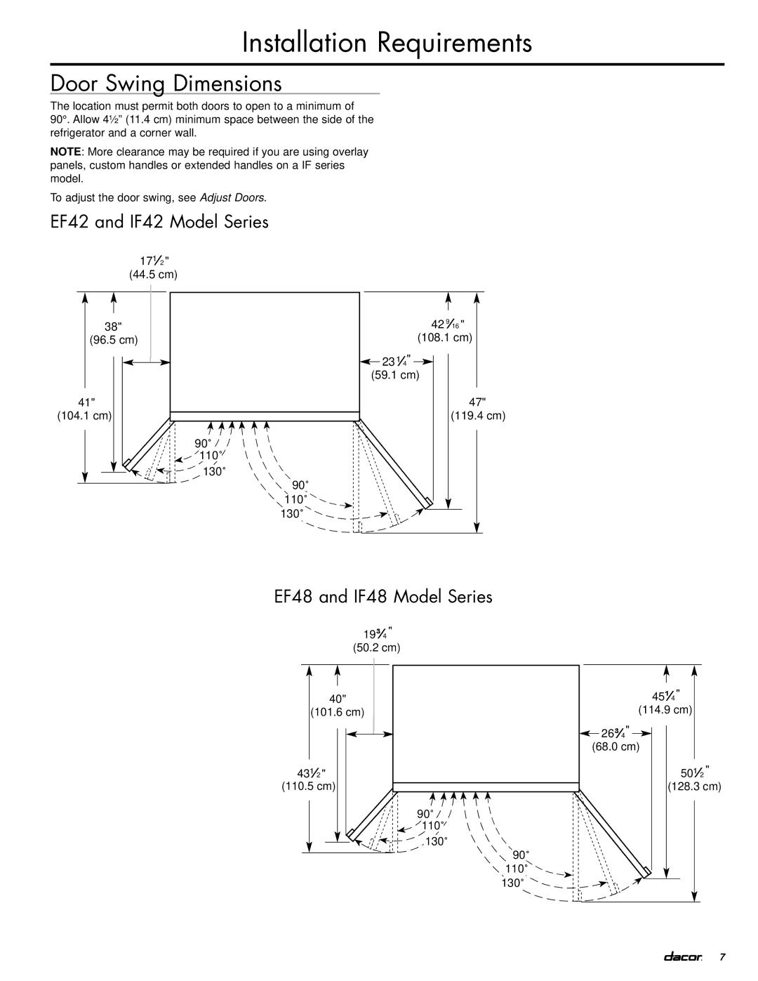 Dacor EF42DBSS, IF42DBOL manual Door Swing Dimensions, EF42 and IF42 Model Series, EF48 and IF48 Model Series 