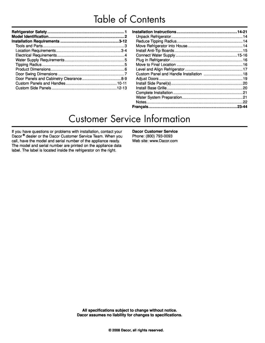 Dacor IF42DBOL manual Table of Contents, Customer Service Information, Refrigerator Safety, Installation Instructions, 3-12 