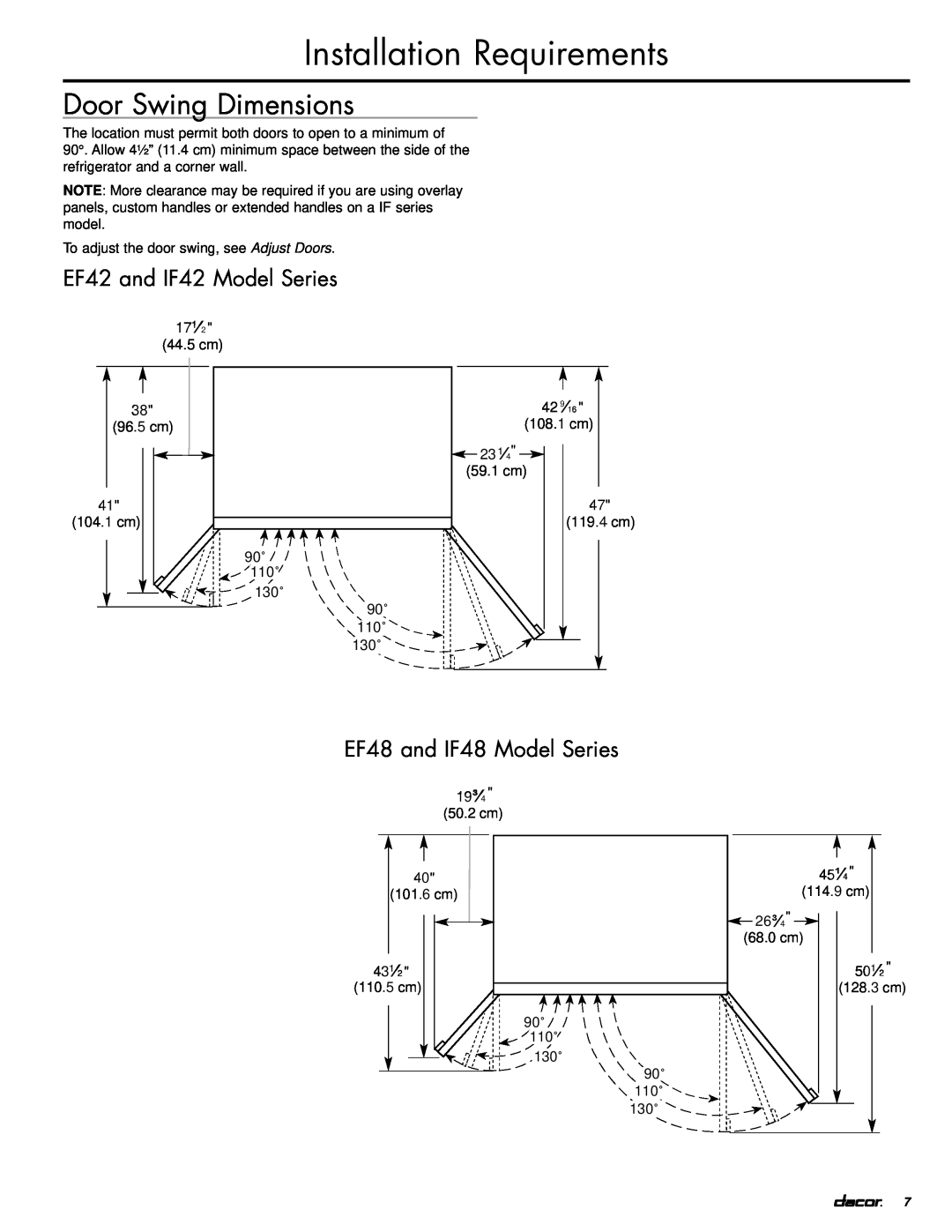 Dacor EF42DBSS Door Swing Dimensions, EF42 and IF42 Model Series, EF48 and IF48 Model Series, Installation Requirements 