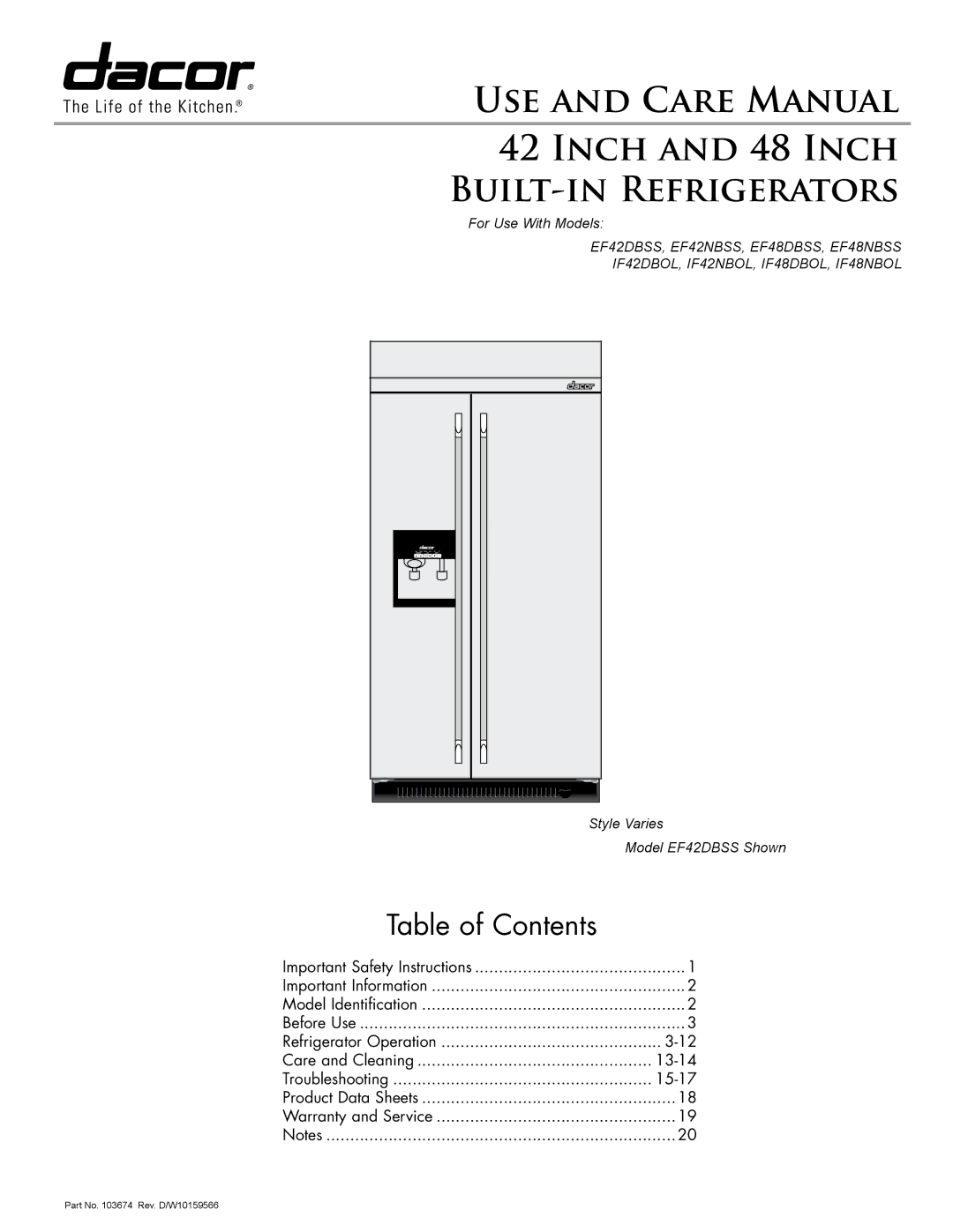 Dacor EF48NBSS, IF48NBOL, IF48DBOL important safety instructions USE and Care Manual Inch and 48 Inch BUILT-INREFRIGERATORS 