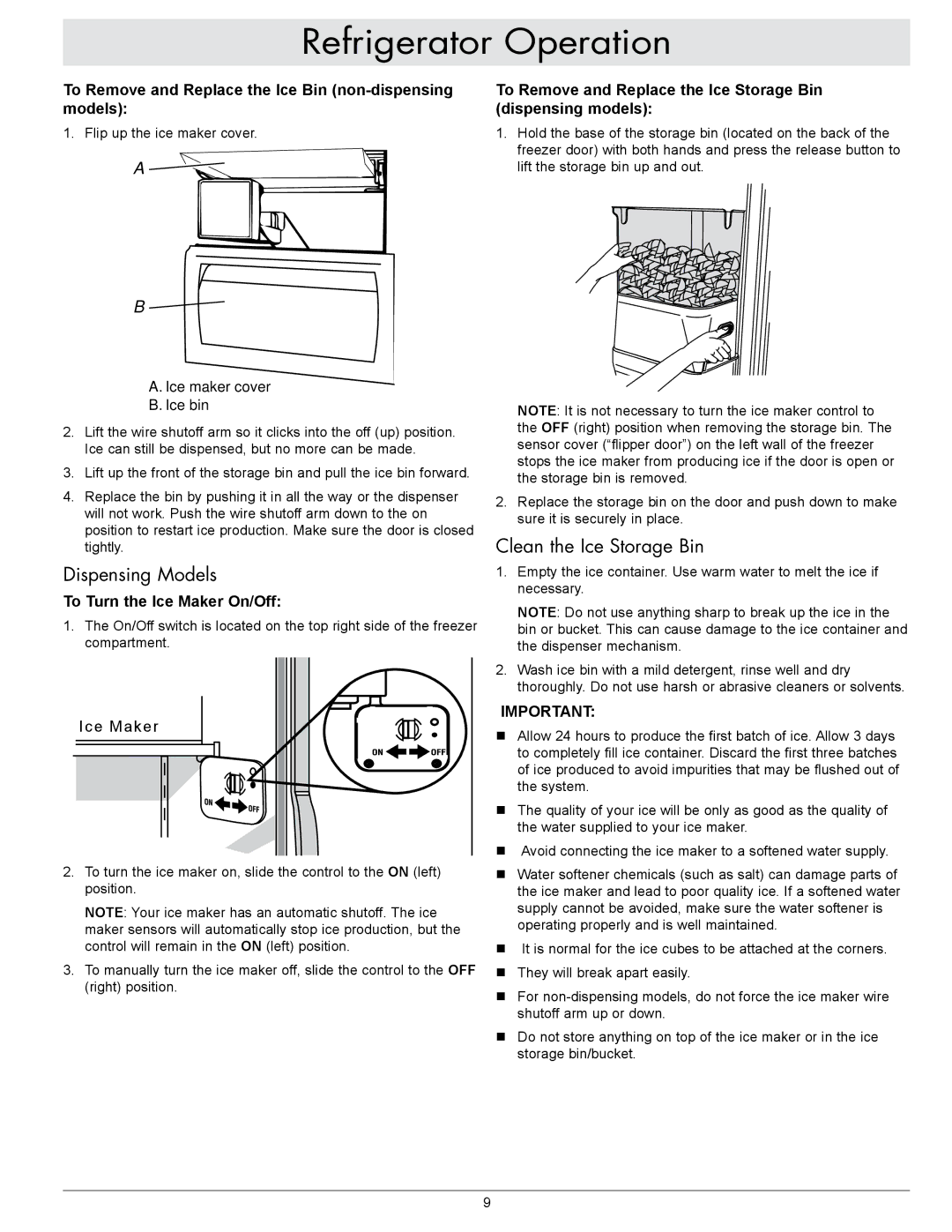 Dacor EF42NBSS Dispensing Models, Clean the Ice Storage Bin, To Remove and Replace the Ice Bin non-dispensing models 