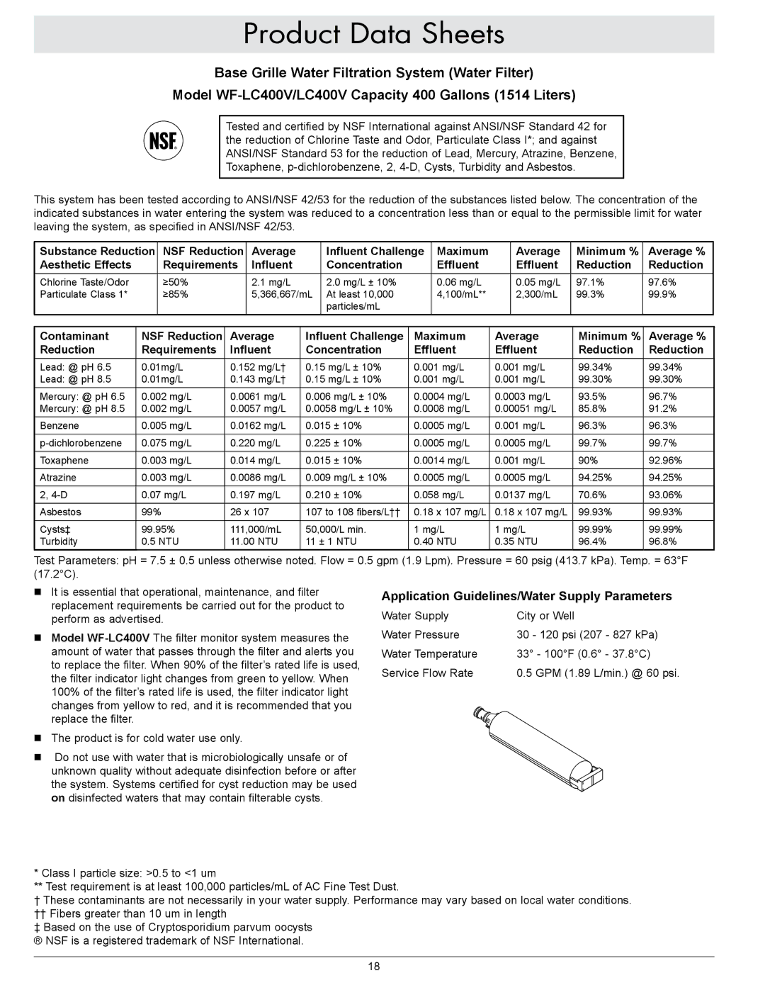 Dacor IF48DBOL, IF48NBOL, EF48NBSS, IF42NBOL, EF48DBSS Product Data Sheets, Application Guidelines/Water Supply Parameters 