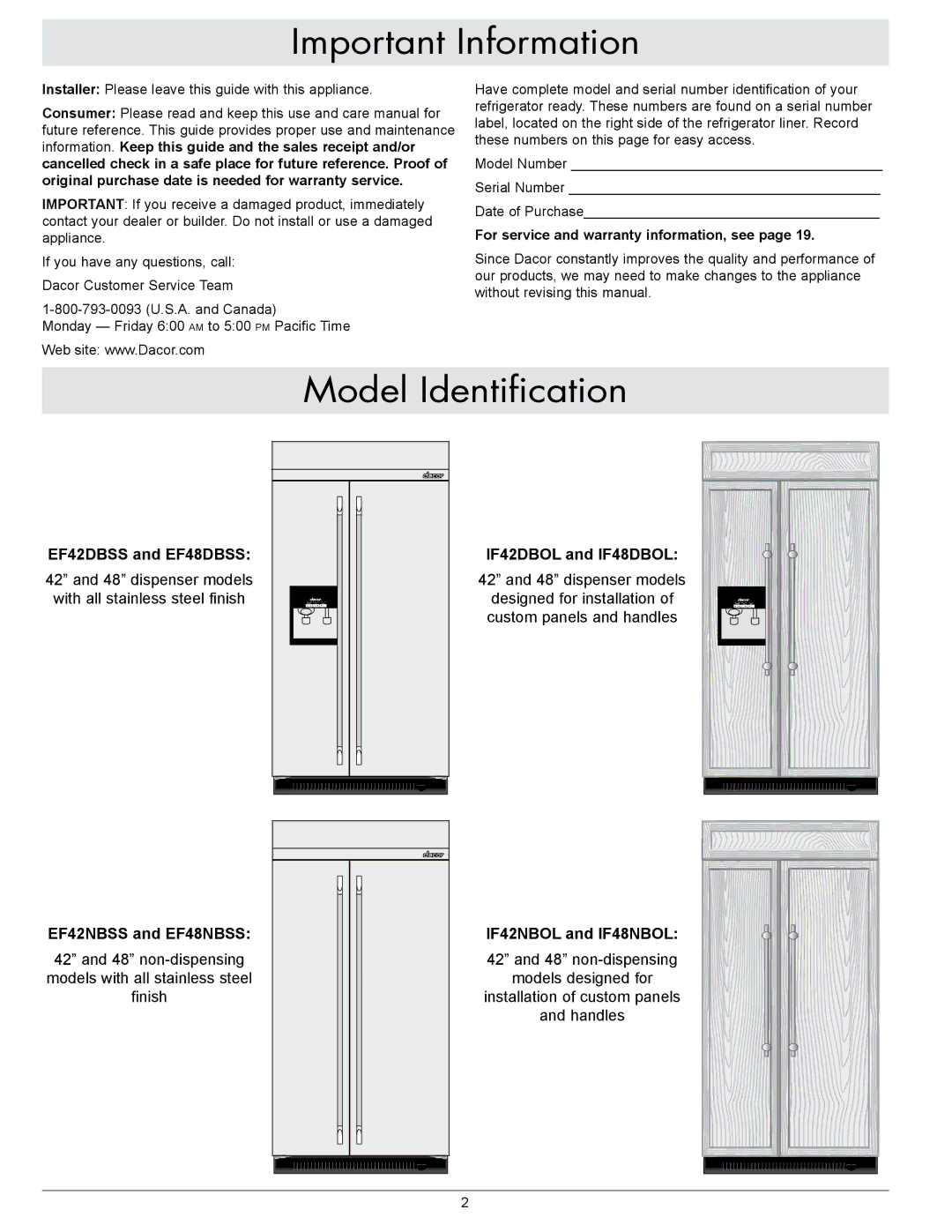 Dacor EF48DBSS, IF48NBOL, EF48NBSS, IF48DBOL, IF42NBOL, EF42NBSS Important Information, Model Identification 