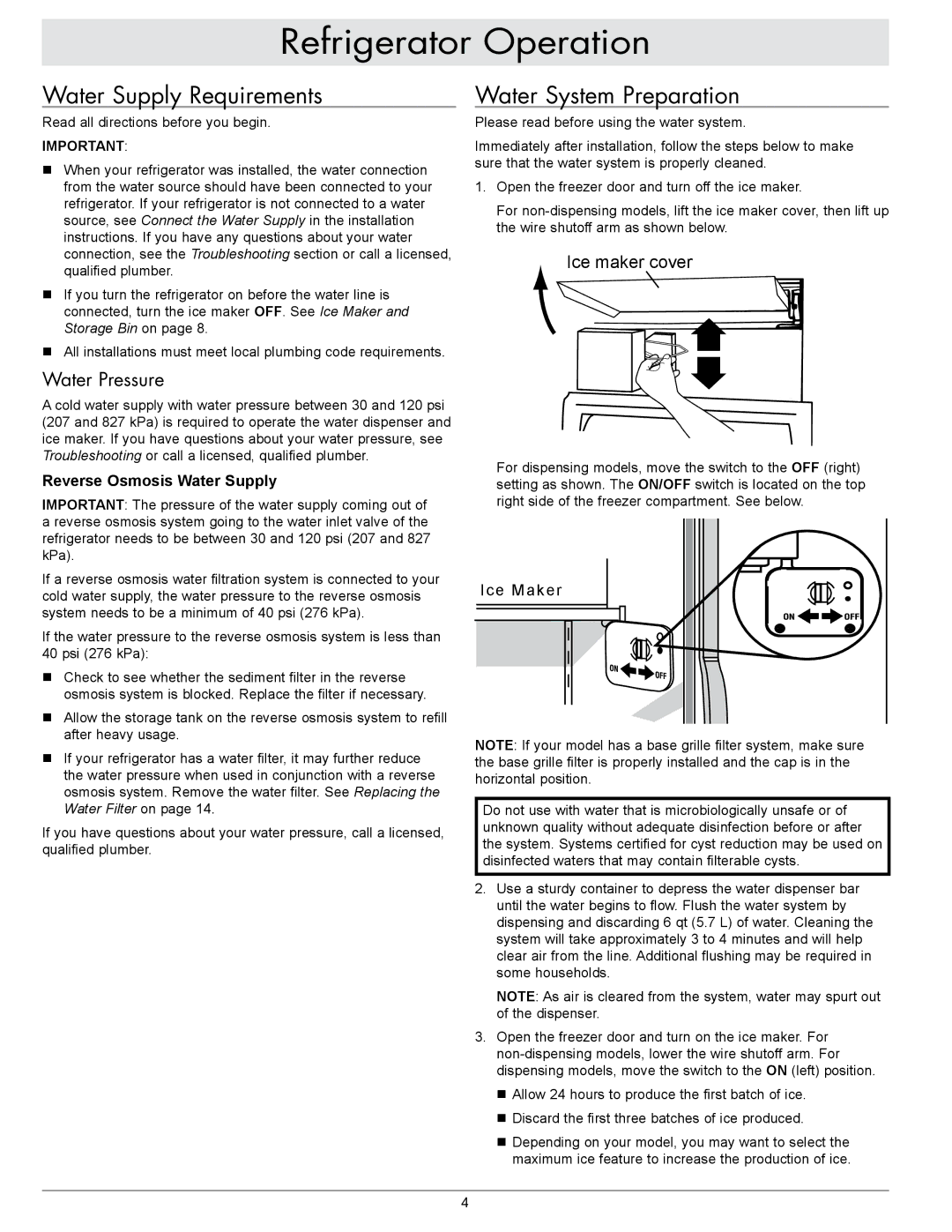 Dacor IF48NBOL, EF48NBSS Water Supply Requirements, Water System Preparation, Water Pressure, Reverse Osmosis Water Supply 