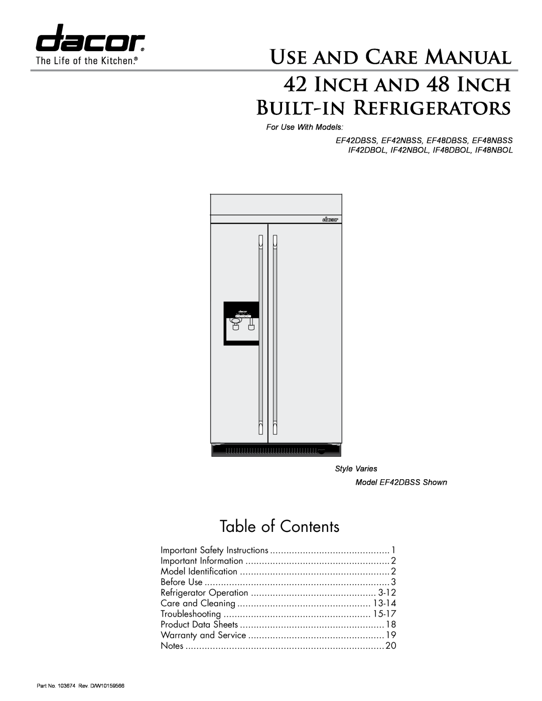 Dacor EF48NBSS important safety instructions Refrigerator Operation, 3-12, Care and Cleaning, 13-14, Troubleshooting 
