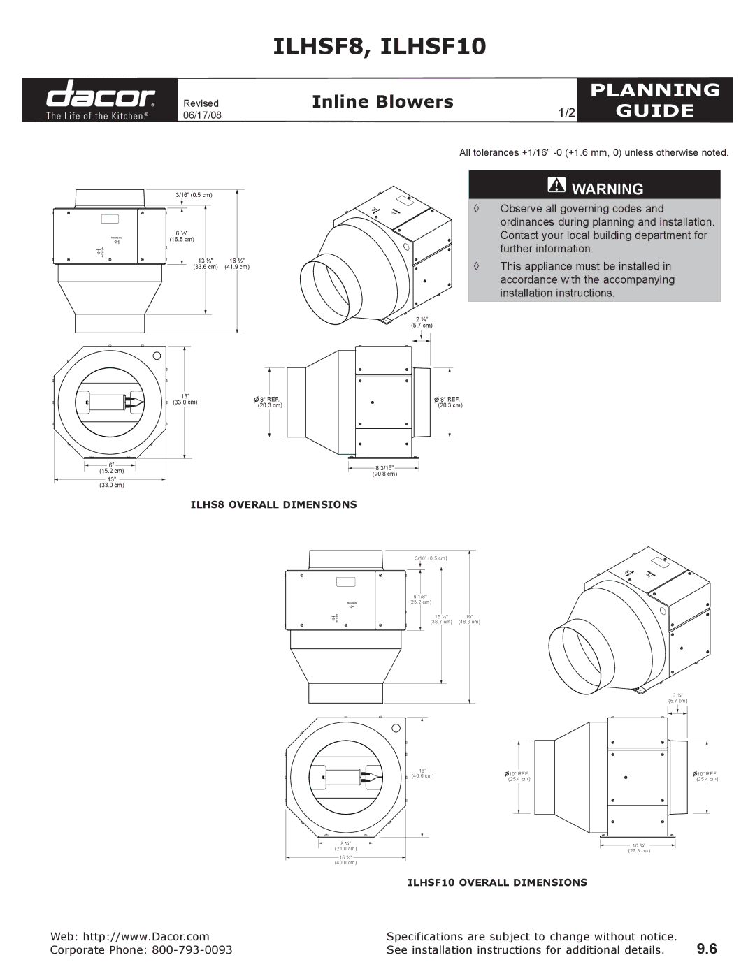 Dacor dimensions ILHSF8, ILHSF10, Planning, Guide 