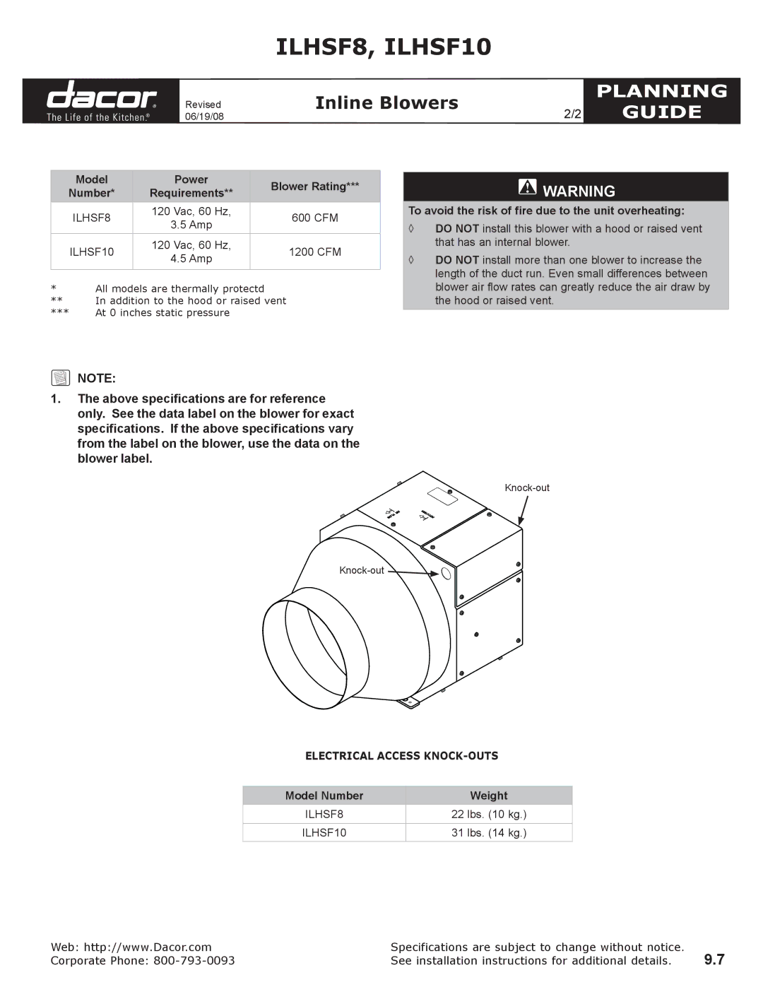 Dacor ILHSF10 Inline BlowersGUIDE, Model Power Blower Rating Number, To avoid the risk of fire due to the unit overheating 