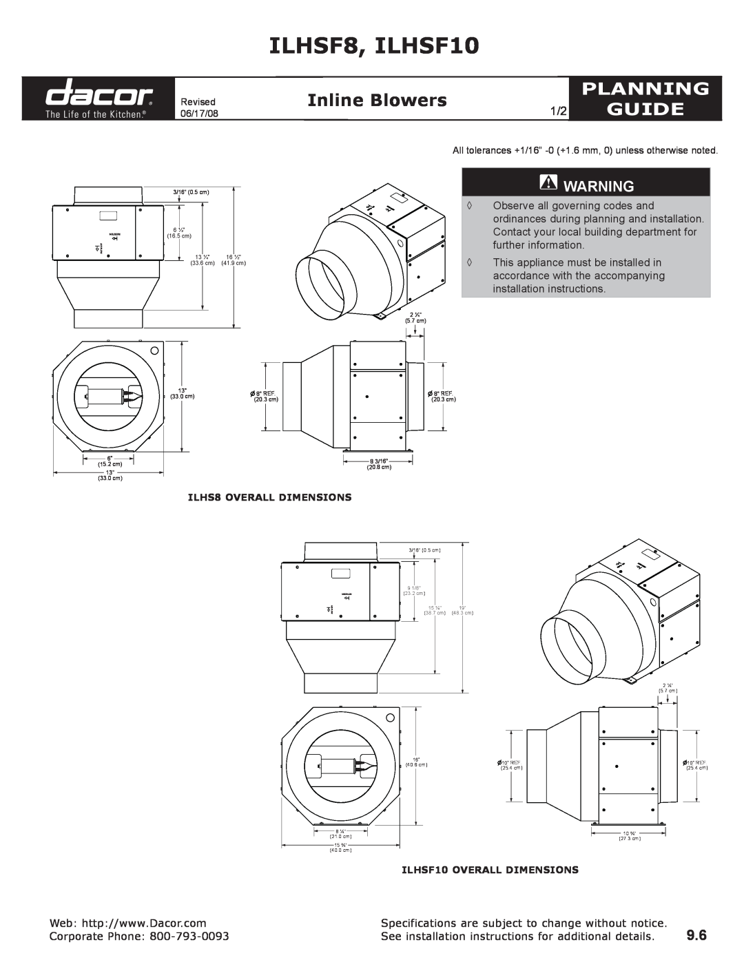 Dacor dimensions ILHSF8, ILHSF10, Inline Blowers, Planning, Guide 