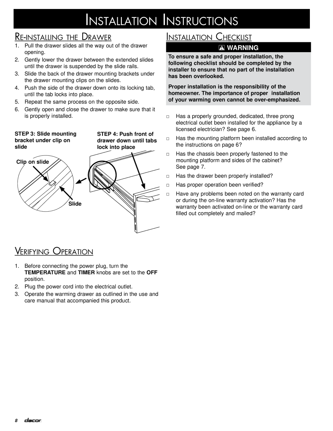 Dacor IWO, IOWO, PWO installation instructions Re-installing the Drawer, Installation Checklist, Verifying Operation 