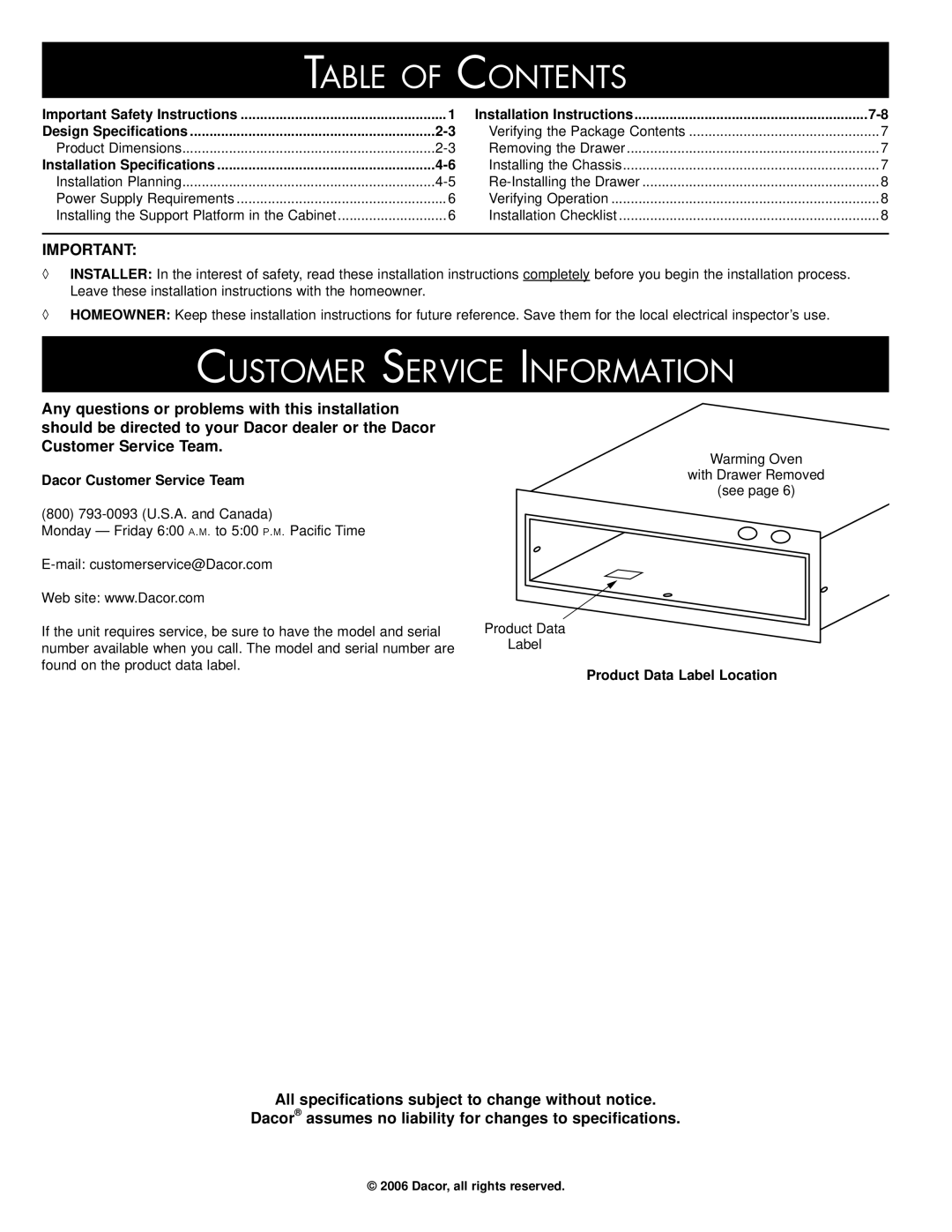 Dacor PWO, IOWO, IWO installation instructions Table of Contents, Customer Service Information 