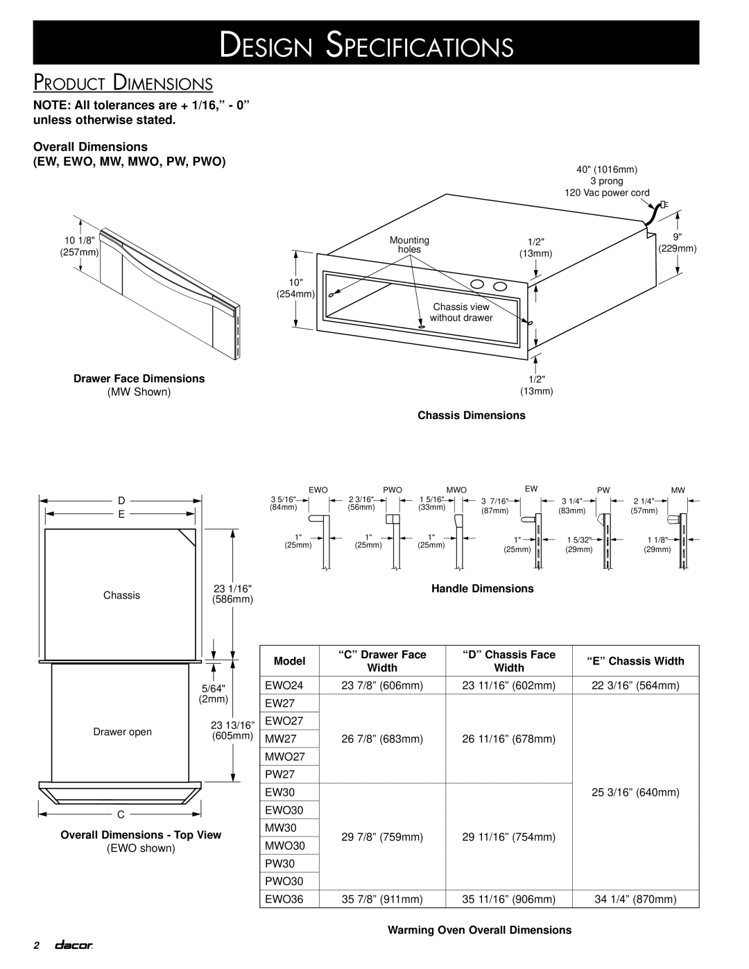 Dacor IWO, IOWO, PWO installation instructions Design Specifications, Product Dimensions 