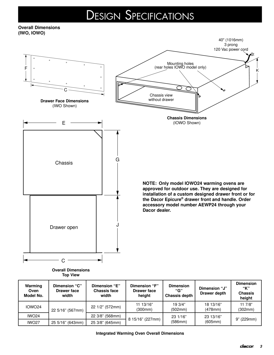 Dacor PWO, IOWO, IWO installation instructions Chassis Drawer open 