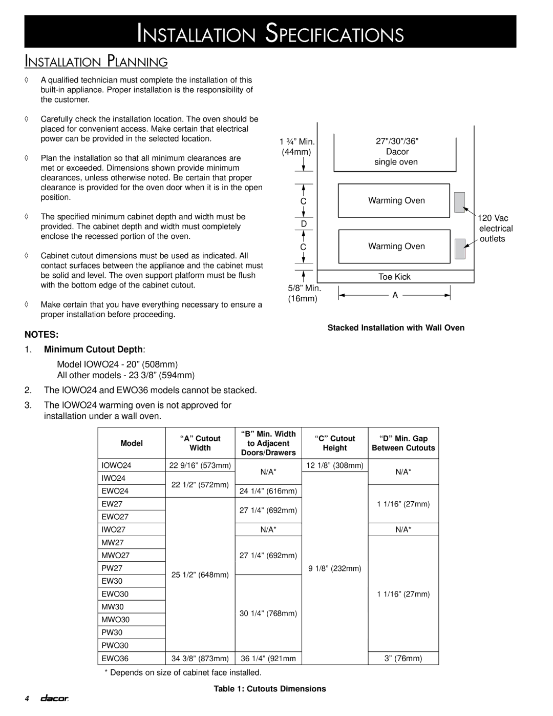 Dacor IOWO, IWO, PWO installation instructions Installation Specifications, Installation Planning 