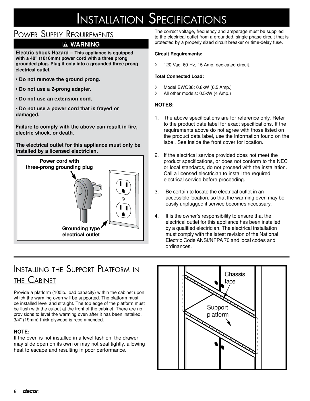 Dacor PWO, IOWO, IWO installation instructions Power Supply Requirements, Installing the Support Platform in the Cabinet 