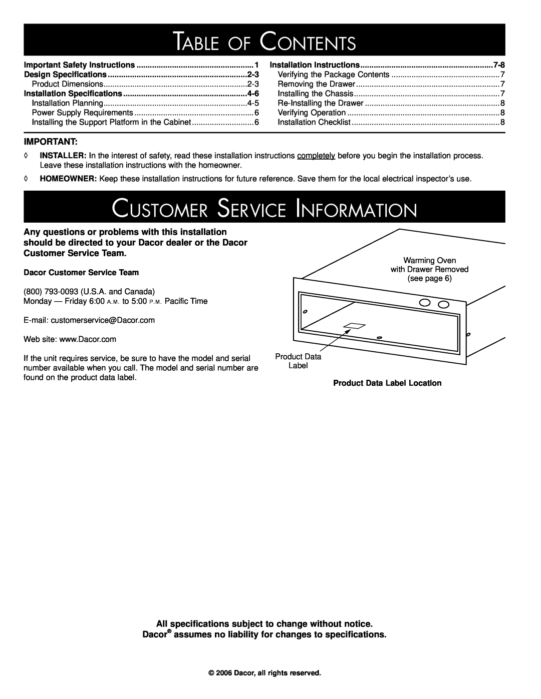 Dacor PWO, IOWO, IWO Table of Contents, Customer Service Information, All specifications subject to change without notice 