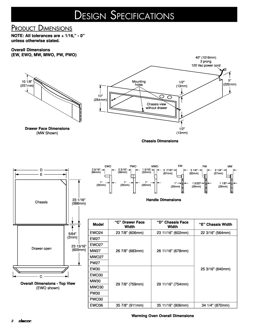 Dacor IWO, IOWO Design Specifications, Product Dimensions, NOTE All tolerances are + 1/16,” - 0” unless otherwise stated 