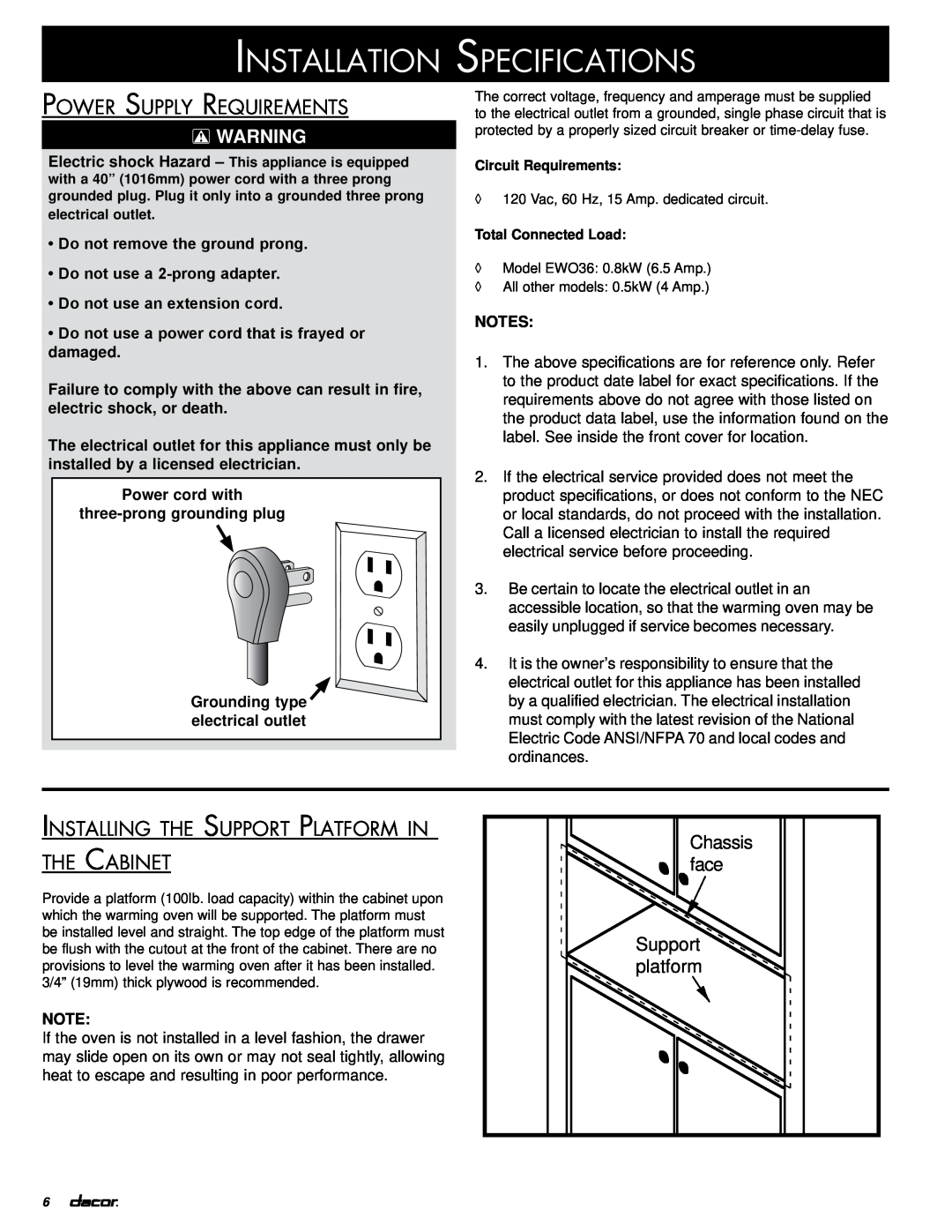 Dacor PWO, IOWO Power Supply Requirements, Installing the Support Platform in the Cabinet, Do not use an extension cord 
