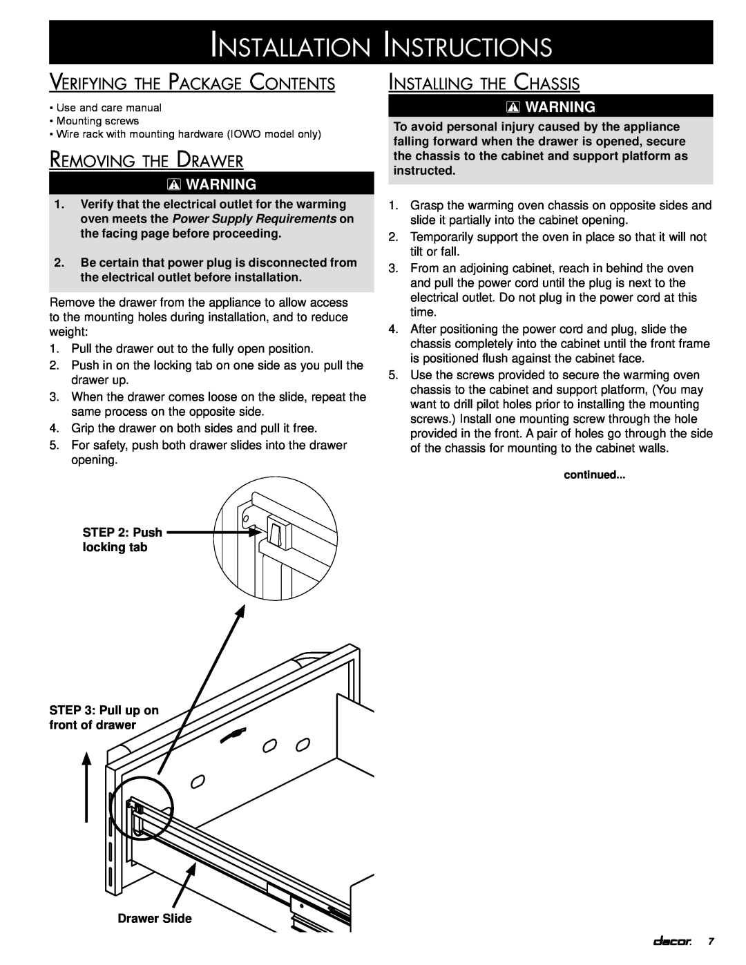 Dacor IOWO, IWO, PWO Installation Instructions, Verifying the Package Contents, Removing the Drawer, Installing the Chassis 