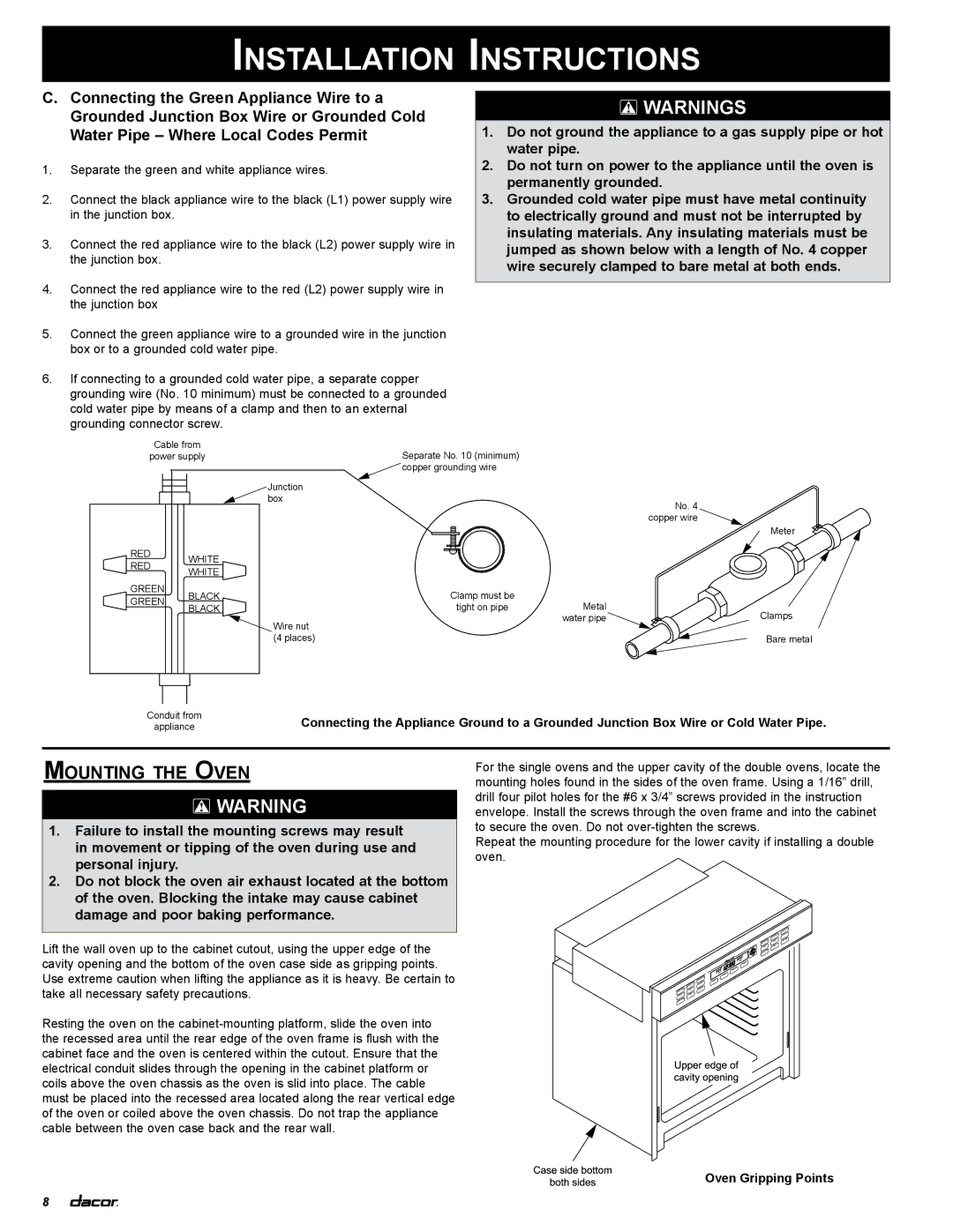 Dacor MCD227, MCD230, ECS130, ECD230, ECD227, ECS127, PCD230, MCS127, MCS130, PCS130 installation instructions Mounting the Oven 