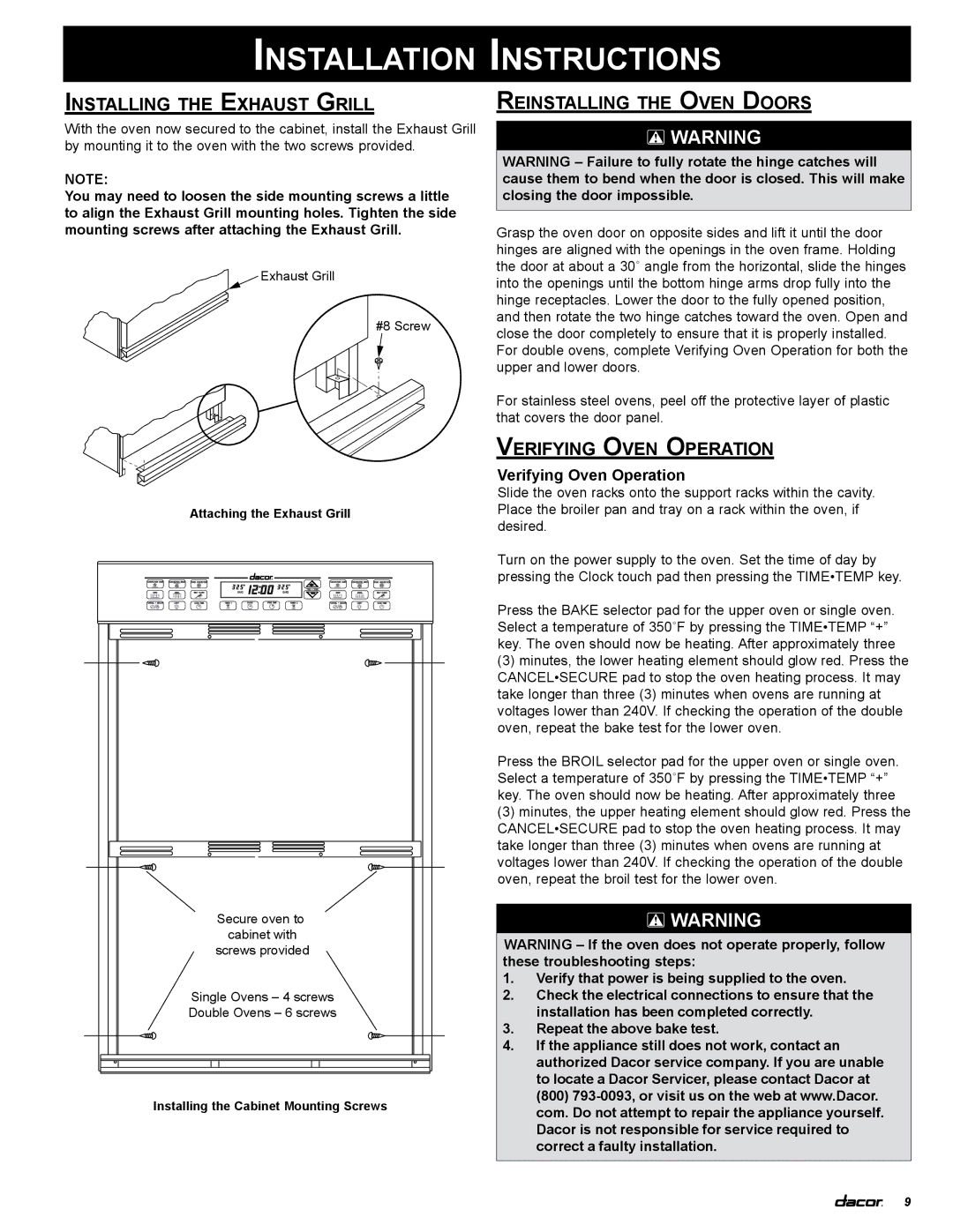 Dacor MCD230, MCD227, ECS130, ECD230 Installing the Exhaust Grill, Reinstalling the Oven Doors, Verifying Oven Operation 