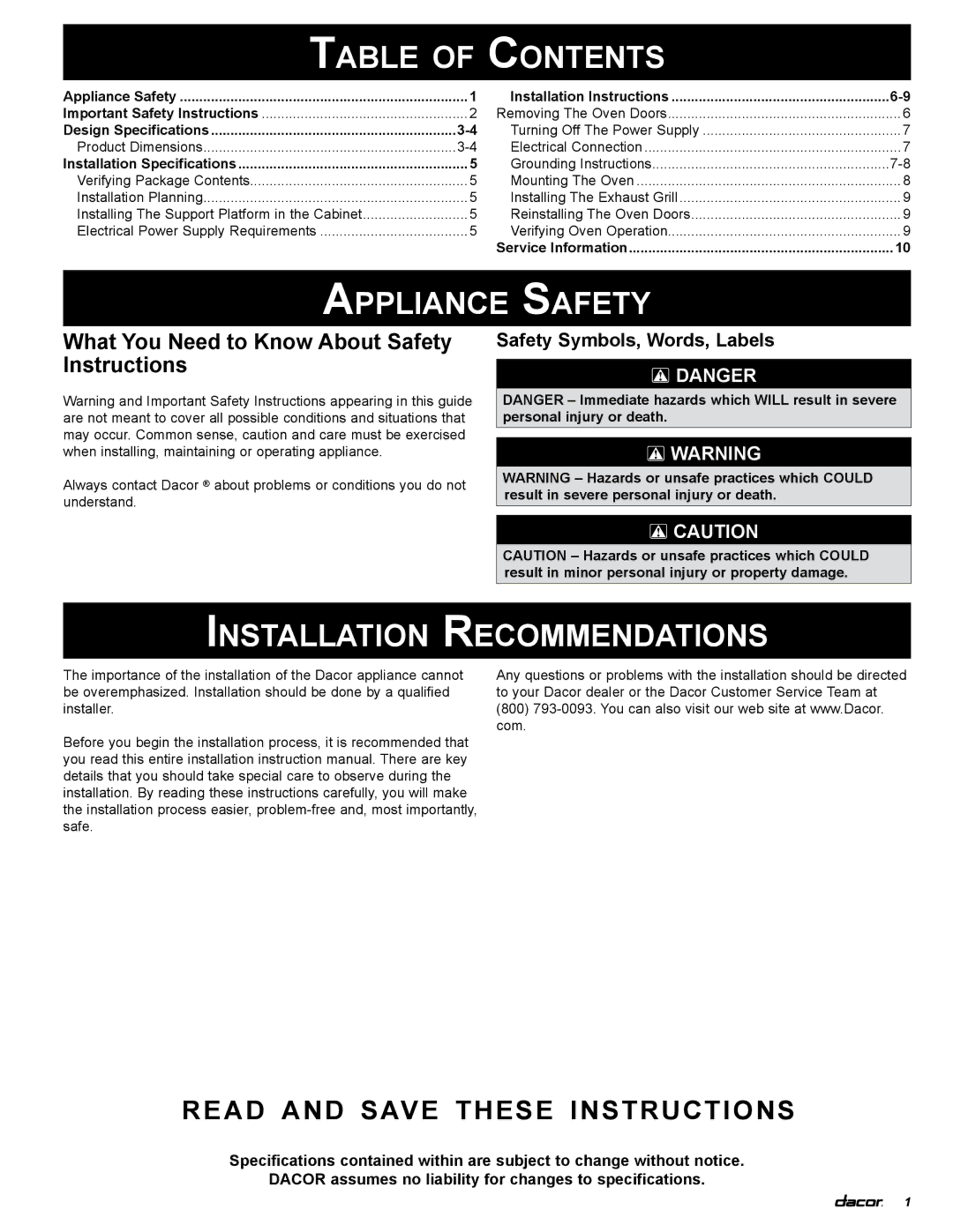 Dacor ECD230, MCD227, MCD230, ECS130, ECD227, ECS127, PCD230 Table of Contents, Appliance Safety, Installation Recommendations 