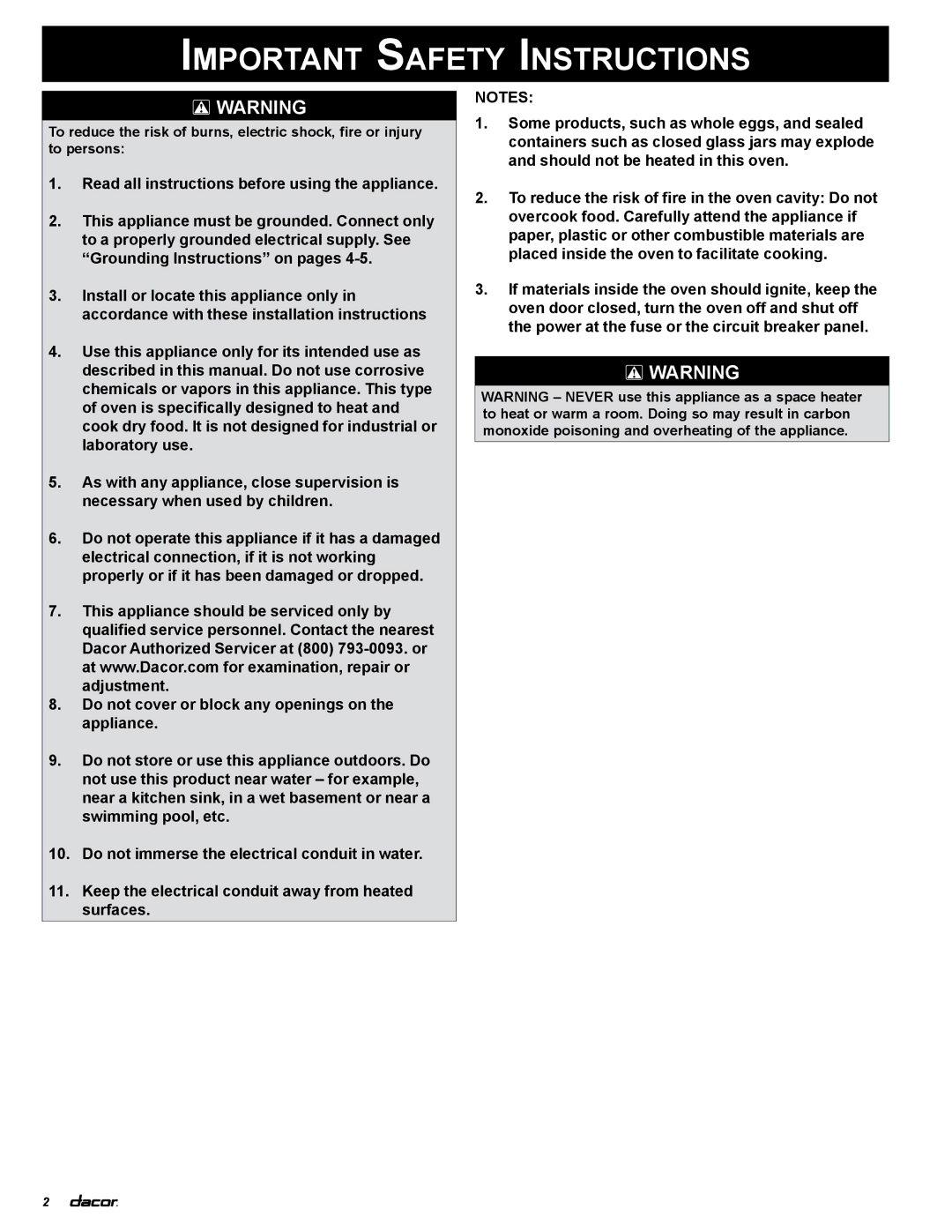 Dacor ECD227, MCD227, MCD230, ECS130, ECD230, ECS127, PCD230, MCS127, MCS130, PCS130 Important Safety Instructions 