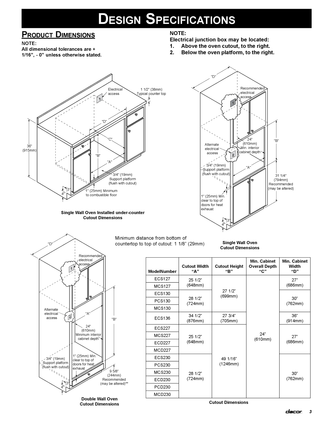 Dacor ECS127, MCD227, MCD230, ECS130, ECD230, ECD227, PCD230, MCS127, MCS130, PCS130 Design Specifications, Product Dimensions 