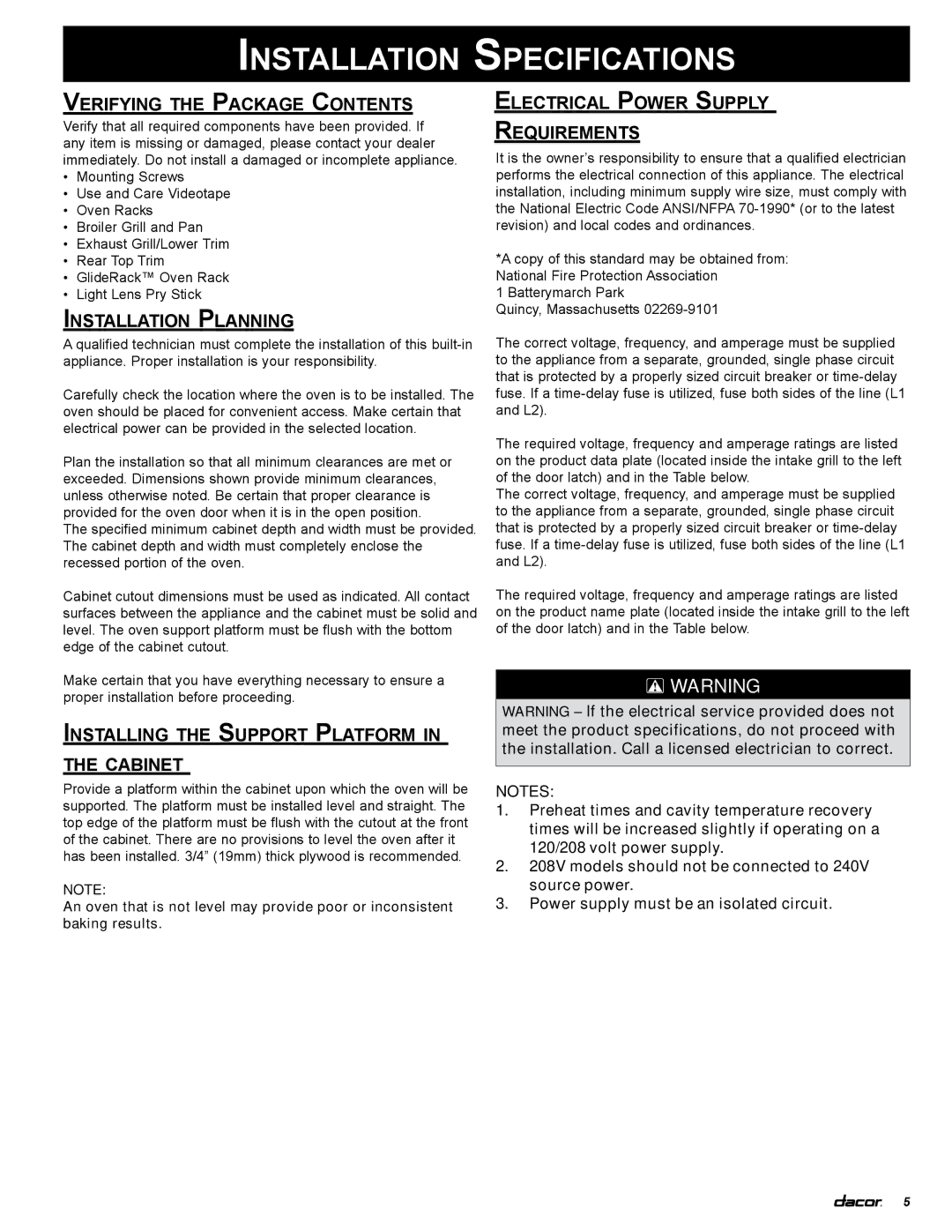 Dacor MCS127, MCD227, MCD230, ECS130 Installation Specifications, Verifying the Package Contents, Installation Planning 