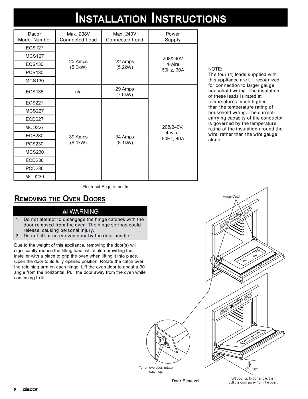 Dacor MCS130, MCD227, MCD230, ECS130, ECD230, ECD227, ECS127, PCD230, MCS127 Installation Instructions, Removing the Oven Doors 