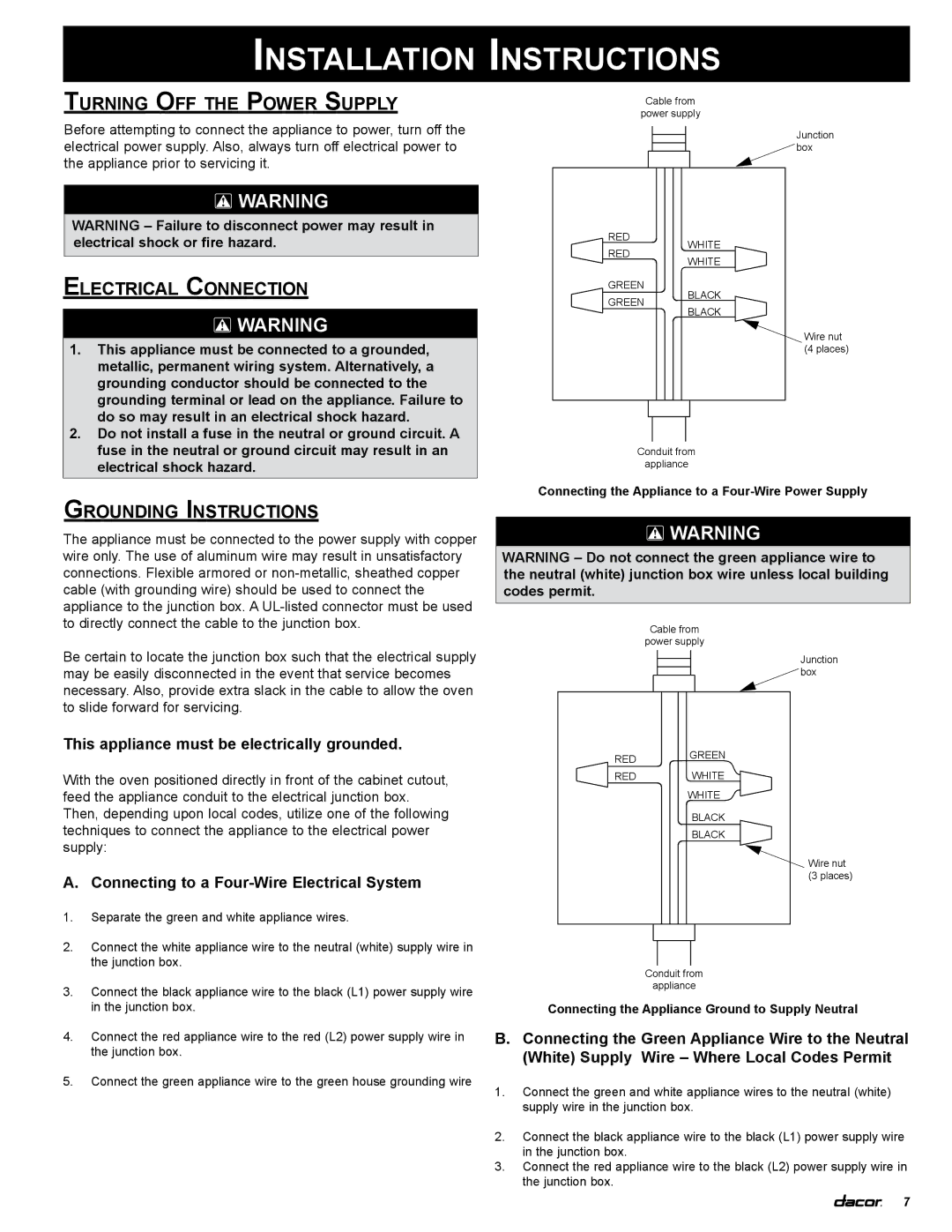 Dacor PCS130, MCD227, MCD230 Installation, Turning Off the Power Supply, Electrical Connection, Grounding Instructions 