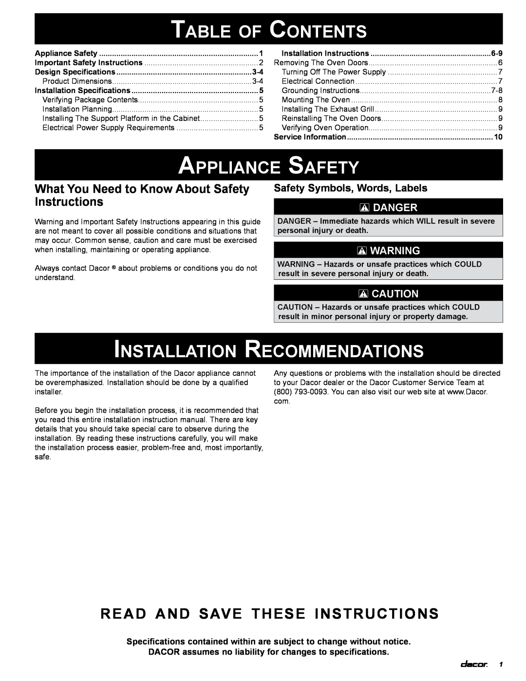 Dacor ECD230 Table of Contents, Appliance Safety, Installation Recommendations, Danger, read and save these instructions 