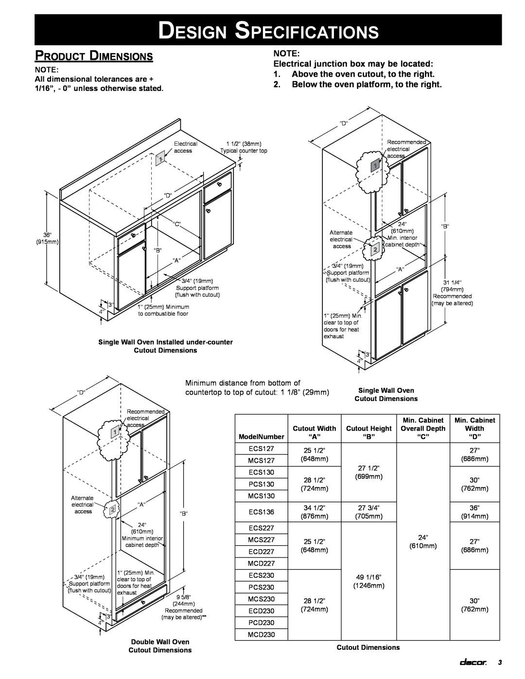 Dacor ECS127, MCD227 Design Specifications, Product Dimensions, Electrical junction box may be located, Min. Cabinet 