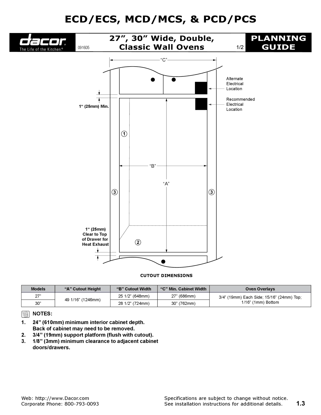 Dacor ECD/ECS, MCD/MCS, PCD/PCS specifications Ecd/Ecs, Mcd/Mcs, & Pcd/Pcs, Planning, Guide, Cutout Dimensions 