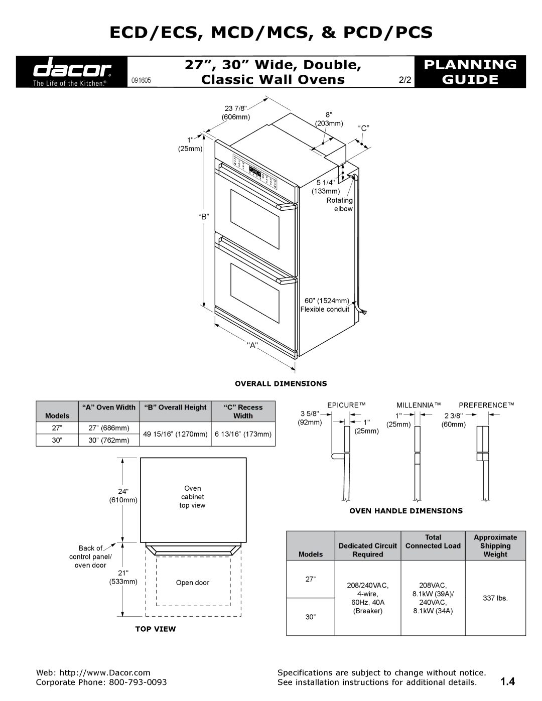 Dacor PCD/PCS Overall Dimensions, Oven Width Overall Height Recess, TOP View Oven Handle Dimensions, Total Approximate 