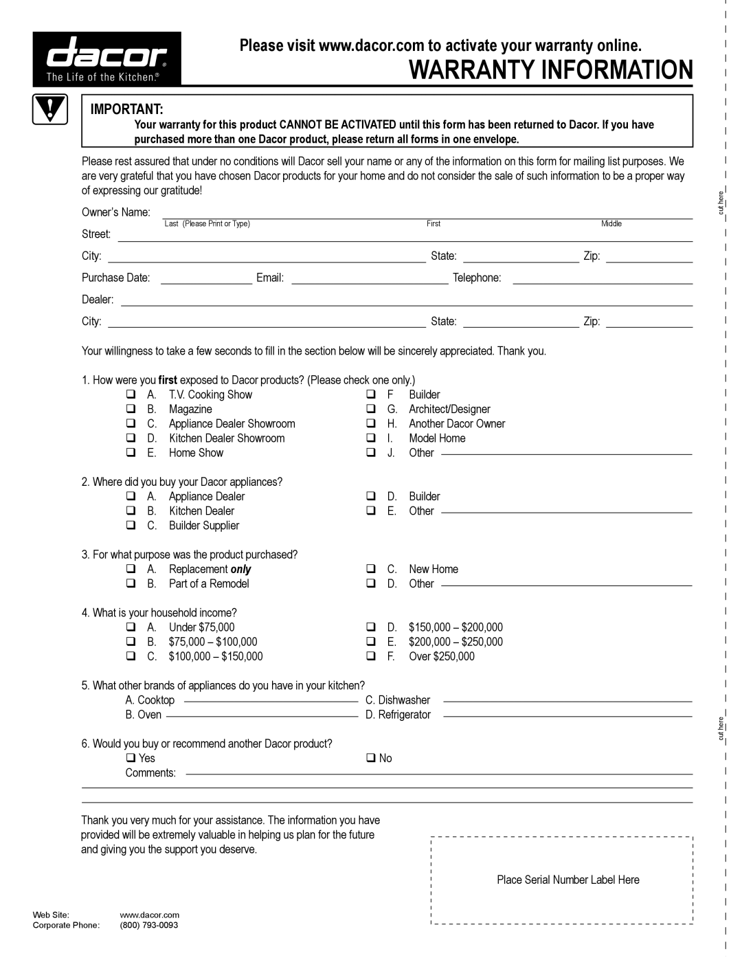 Dacor MDW24S manual Warranty Information 